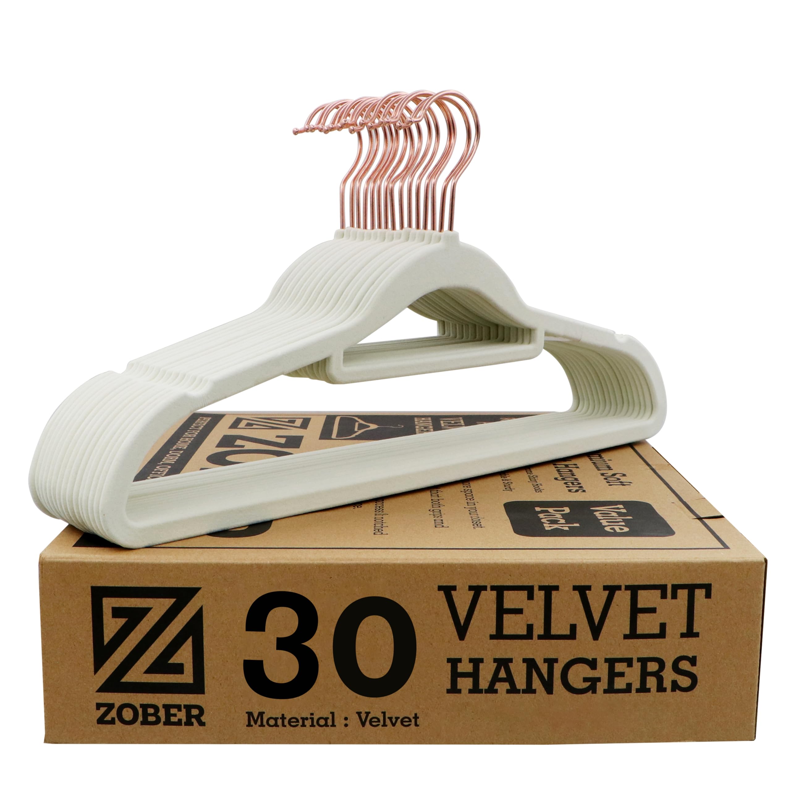 ZOBER Non Slip Premium Rose Gold Hooks Velvet Hanger with Tie Bar | Suit Hangers, Clothes Hangers Accessores Bar for Tie, Belt, Suits, Pants, Dresses. (30PACK, Beige)