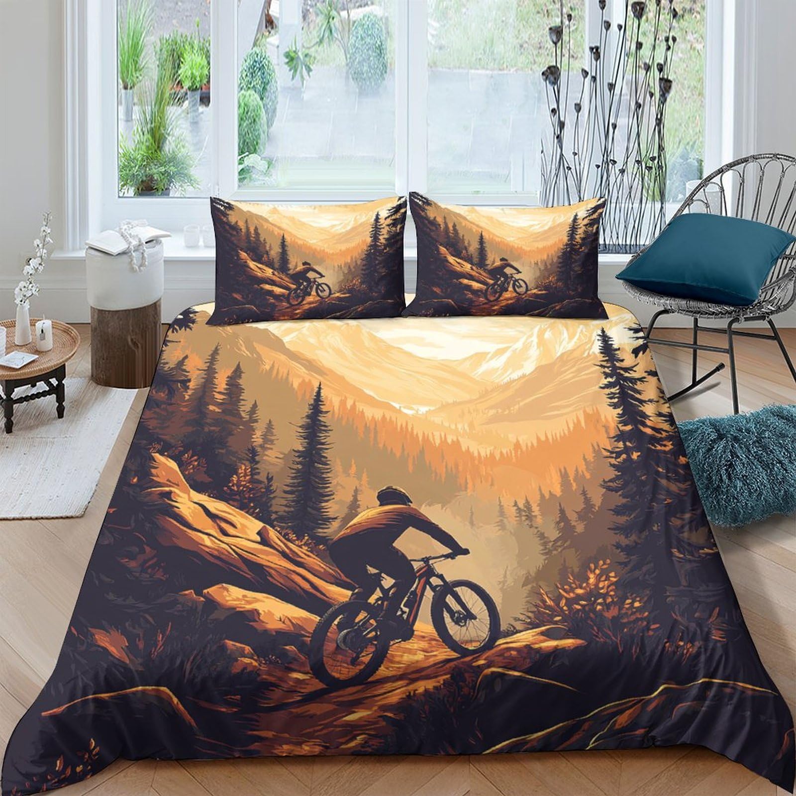 Ctjqhvkz Style-7 3D Printed Mountain Sunset Fitted Sheet Microfiber Soft Breathable Forest Cyclist Bed Cover Decor For Bedroom Single（135X200cm）