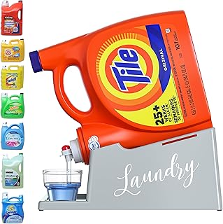 Skywin Laundry Detergent Holder Organizer and Drip Tray for Laundry Room Organization - Soap Cup Storage Tray for Liquid Laundry Detergent Containers - Laundry Detergent Dispenser Pedestal (Grey with White Laundry Print)