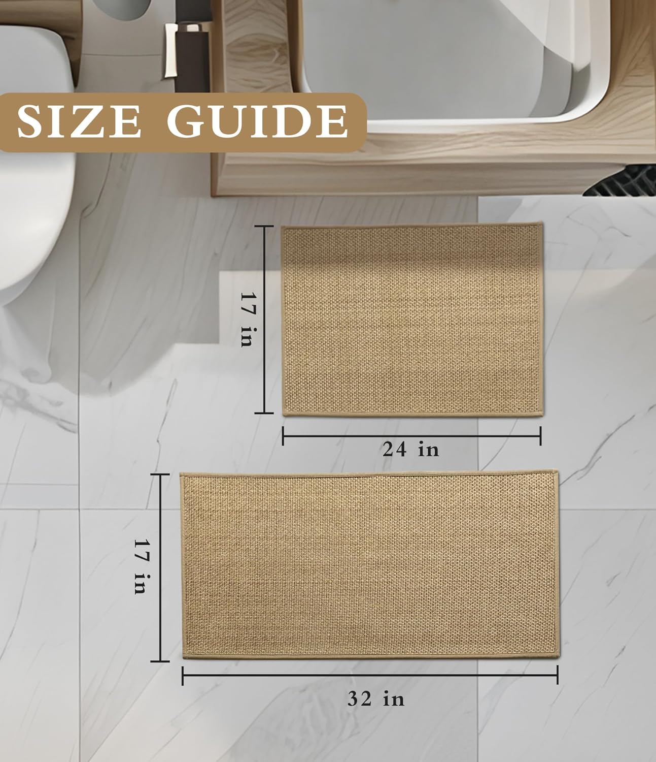 YIHOUSE Bathroom Rugs Sets 2 Pieces, Beige Ultra Thin Bath Mats Fit Under Door, Absorbent Quickly Dry Rubber Backing Braided Bath Mat Set, Non Slip Washable Bath Rugs for Bathroom Floor, Beige - Image 2