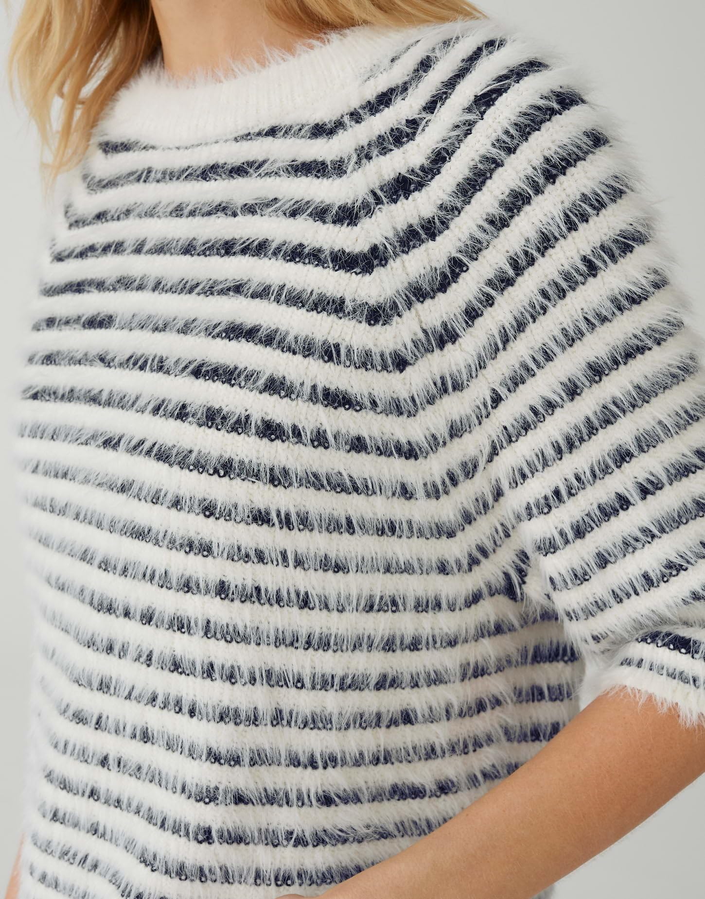 OPUS Damen Pullover | PAIRY Regular Flauschiger Kurzarmstricker mit Streifenmuster