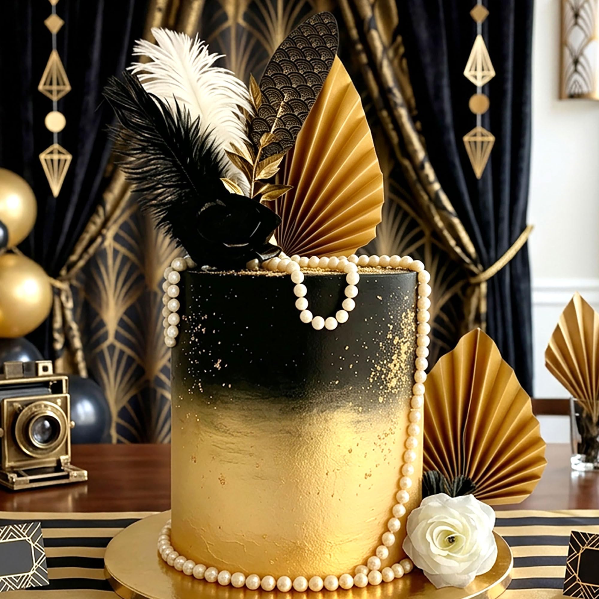 LaVenty Roaring 20s Cake Topper Palm Leaves Feather Rose Cake Decorations