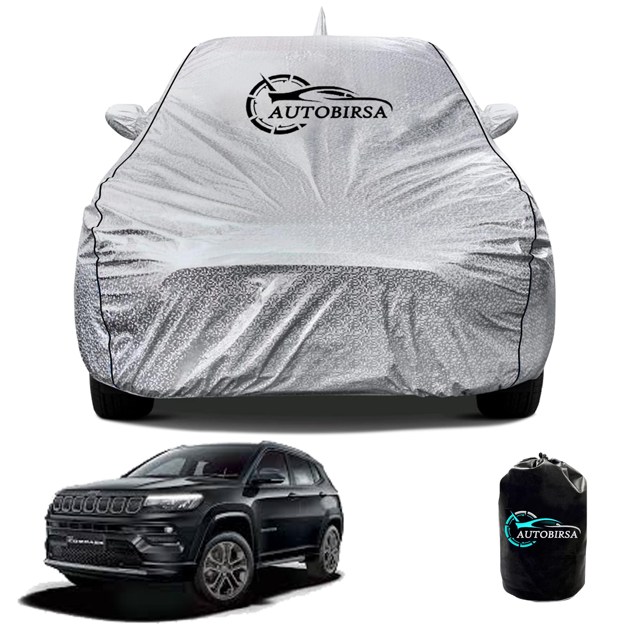 AUTOBIRSA Waterproof Car Body Cover for Jeep Compass with Mirror and Antenna Pocket and Soft Cotton Lining (4 Side Elastic Triple Stitched & Metallic Silver with Black Piping Style)-image-11