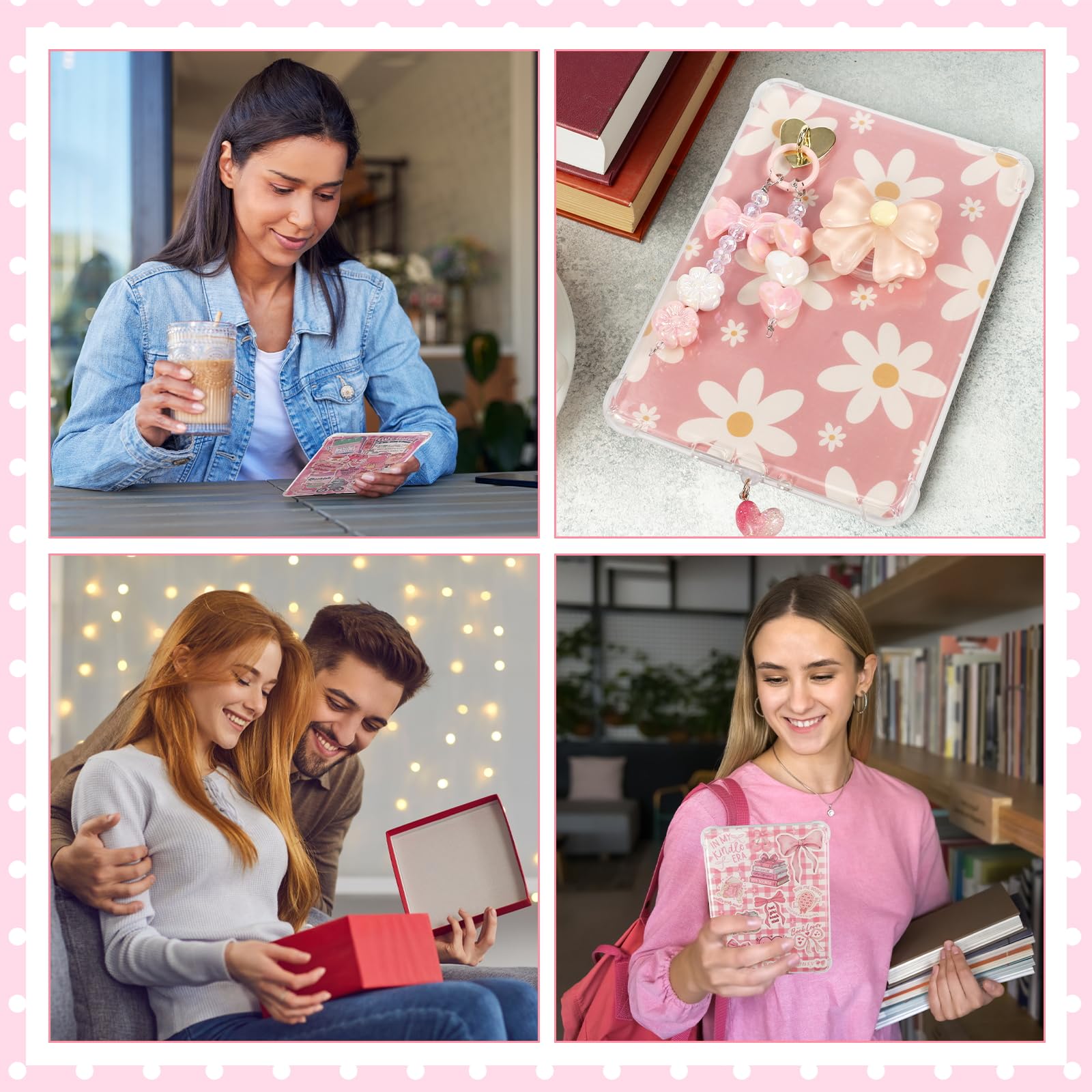 POVESTE Set di accessori per e-reader che include 8 inserti in cartoncino, catenine, tappo antipolvere, supporto impugnatura, 50 adesivi, ciondoli a tema fiocco per Kindle 11a e 12a generazione