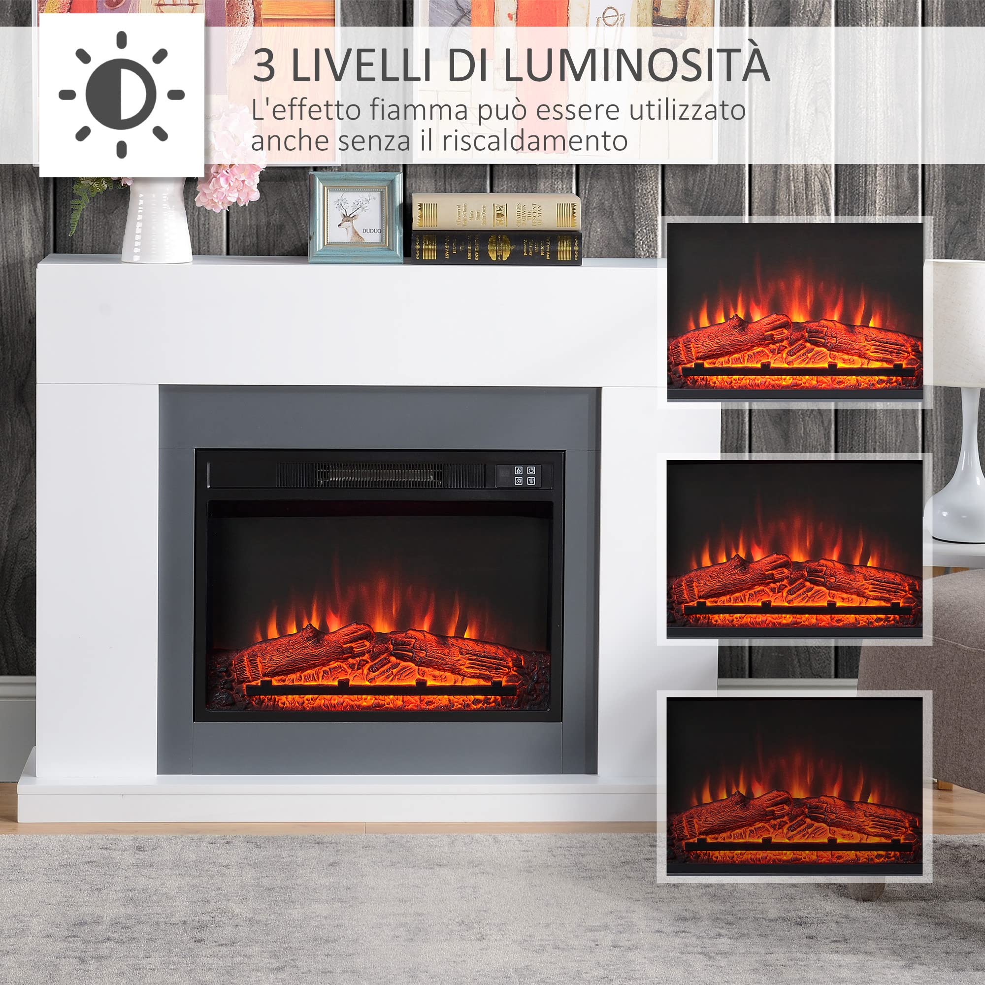 HOMCOM Camino Elettrico a Terra con Effetto Fiamma e Riscaldamento, 1800/2000W, con Telecomando, Termostato, Protezione da Surriscaldamento, Copertura 37m², Timer 7 Giorni, Bianco