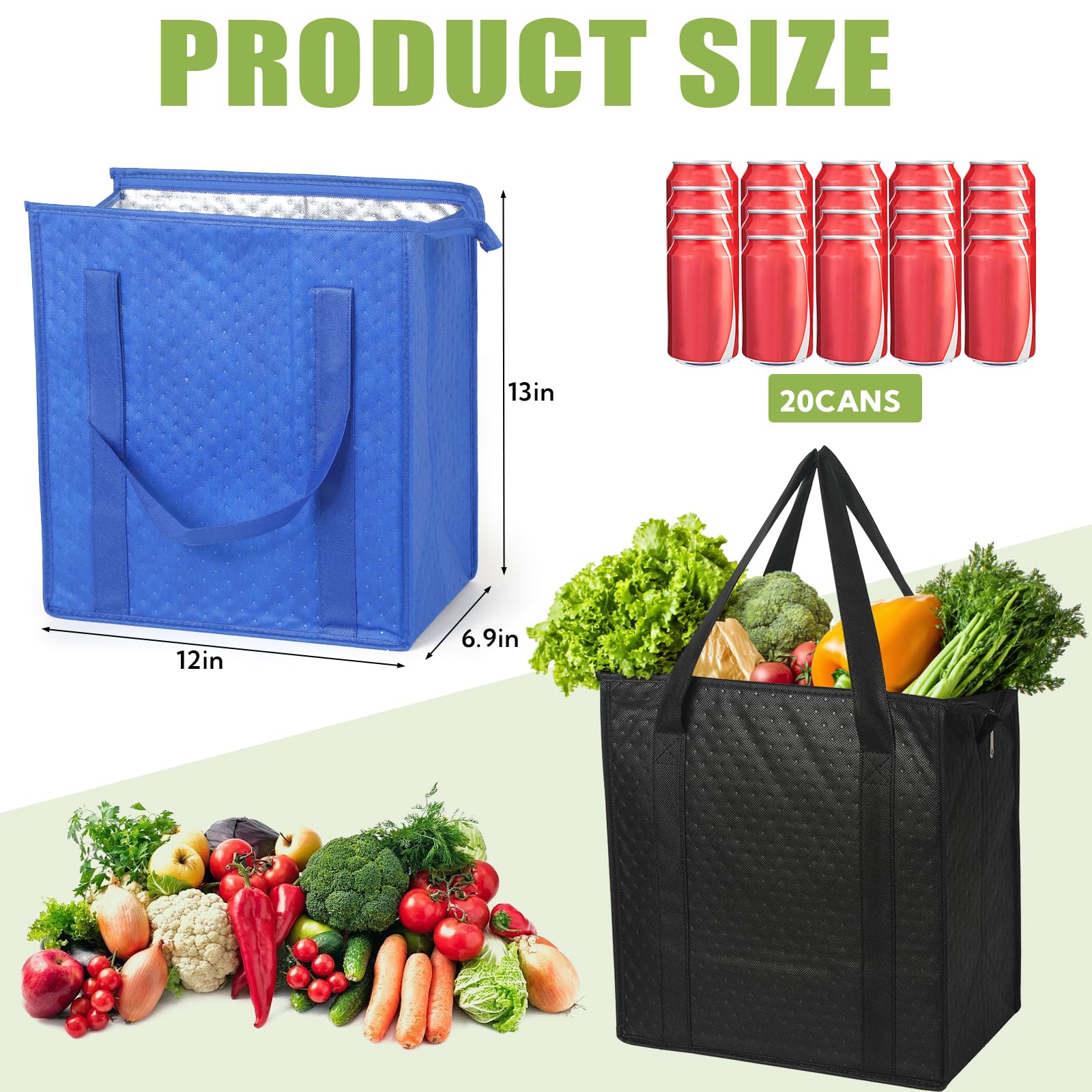 VZZNN 20 Pcs Insulated Shopping Bags for Groceries with Zipper & Handles, Large Foldable Cooler Bags for Hot & Cold Food