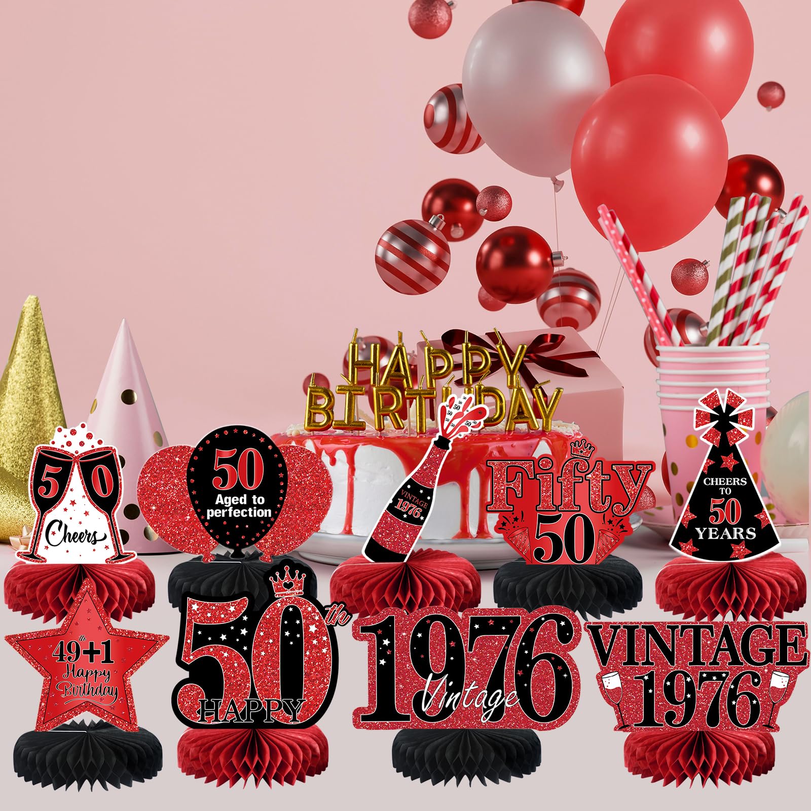 9 szt. dekoracje na 50. urodziny czerwone i czarne dekoracje na przyjęcie na 50. urodziny dla kobiet, Happy 50 Years Birthday Vintage 1973 postarzane elementy o strukturze plastra miodu znak na stół