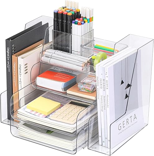 Miniatura 8 de Organizador de escritorio con 2 soportes verticales para archivos, bandeja de papel apilable de 4 niveles, organizador de archivos con 5