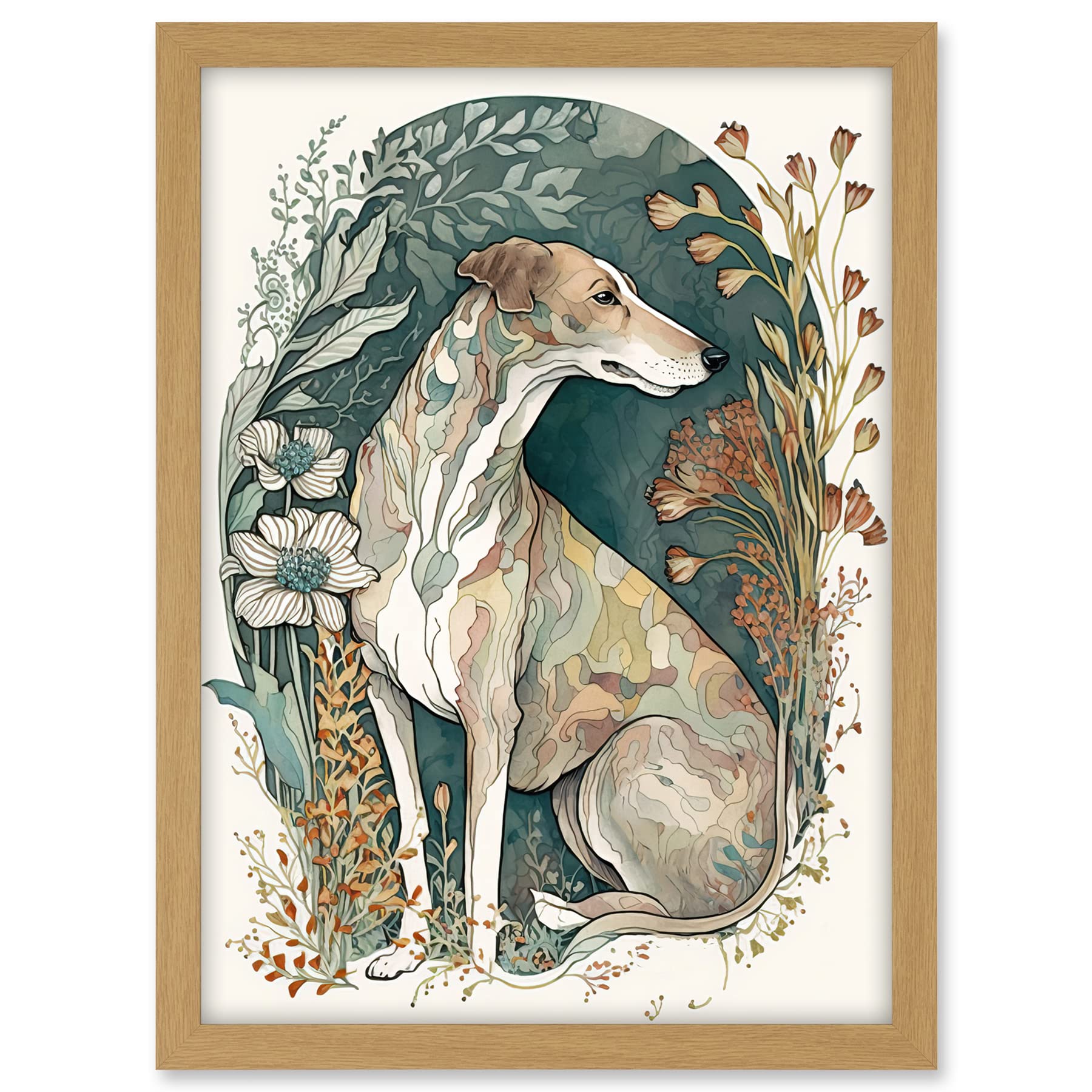 Artery8 Greyhound Dog in Flower Field Modern Pastel Boho Watercolour Illustration Artwork Framed A3 Wall Art Print