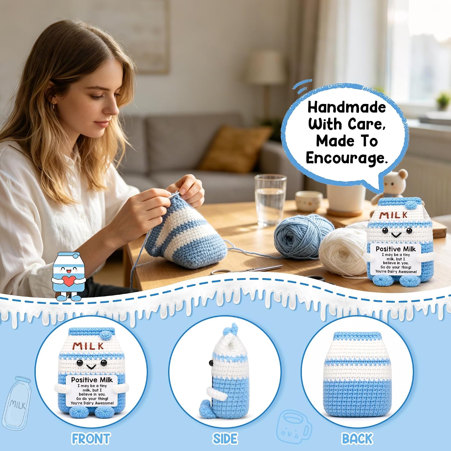 Positive Milk Birthday Gifts for Women Men, Back to School Gifts for Students Teen Daughter, New Job Inspirational Support Gift for Best Friend Coworker Sister, Handmade Positive Crochet Animals Milk