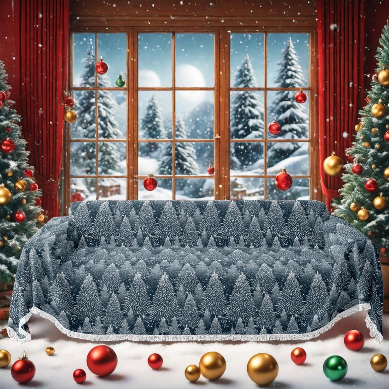 Funda Sofa Grande, Manta Sofá Estampado Navideño Funda Sofa Chaise con Flecos, Cubre Sofá Universal para Butacas de Salon y Chaise Longue (Árbol Navidad Gris,180x260cm)