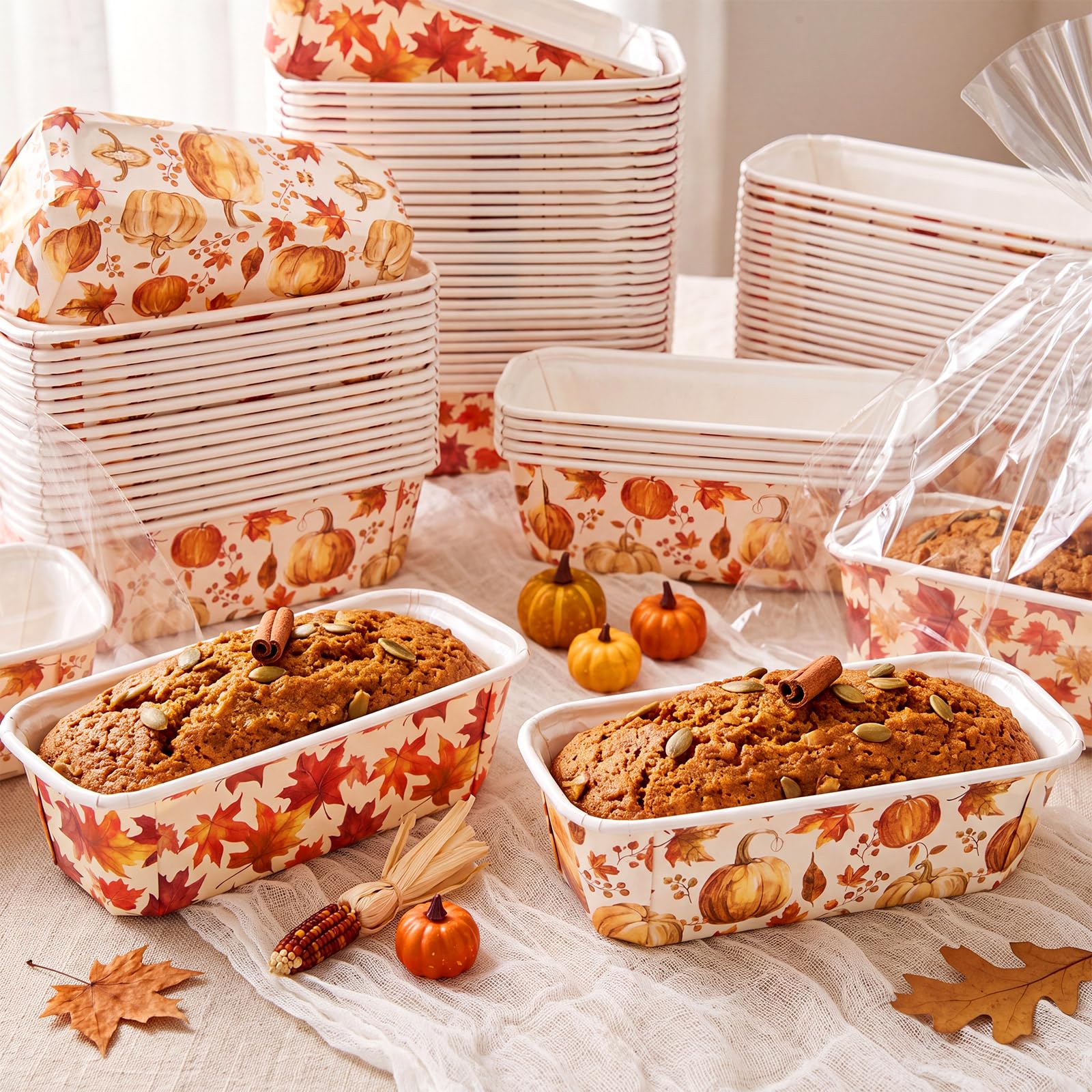 Honeydak Mini-Kastenformen, Einweg-Papier-Brottabletts mit Kunststofftüten und goldfarbenen Bindebändern, Erntedankfest, Brotbeutel für Herbst, Backen, Geschenkverpackung, Partyzubehör, 100 Sets