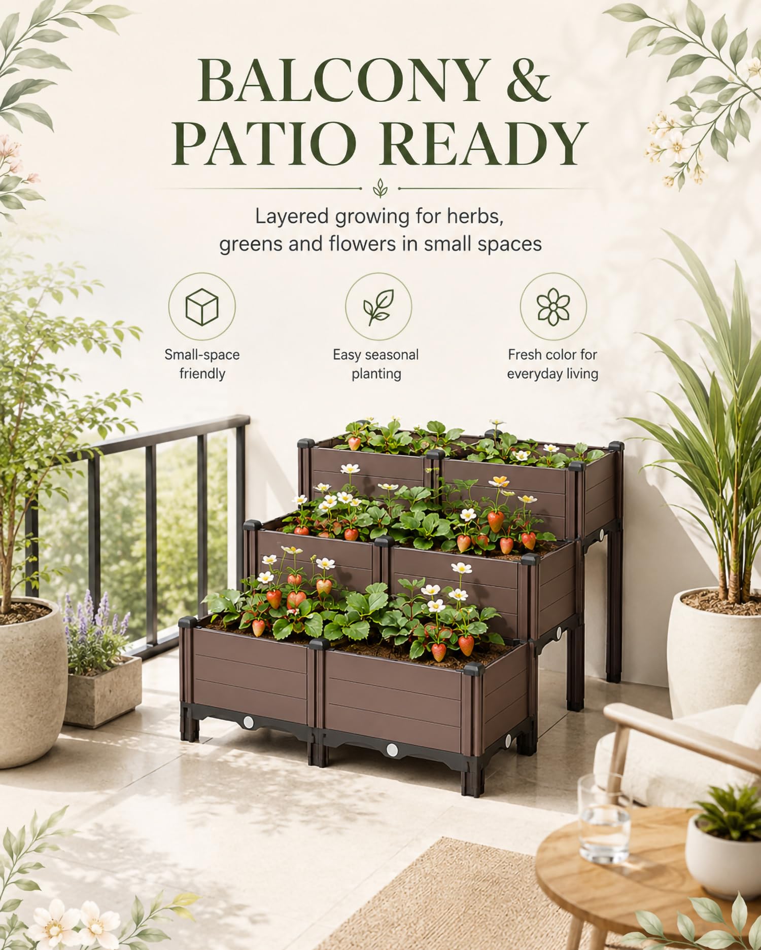 Huerto Urbano para Balcón Y Terraza, Mesa De Cultivo En PP De 3 Niveles con Drenaje, Jardinera para Verduras, Hierbas, Flores Y Plantas Pequeñas Al Exterior,90 * 60 * 33cm/35 * 23 * 12in