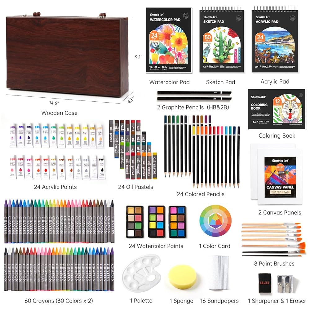 Shuttle Art Malette Dessin 118 Pièces - Crayons, Peintures, Pastels - Tout-en-Un Bois - Enfants & Adultes - Cadeau Artistique