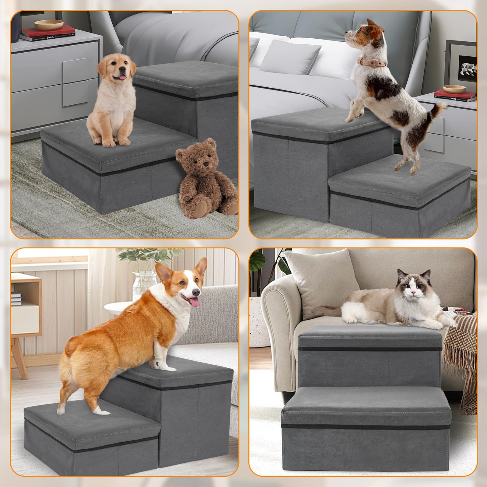 Escalier Pour Chien 2 Marches Pliable Avec Rangement - Antidérapant Pour Petit/Moyen Chien Et Chat - Accès Au Lit/Canapé