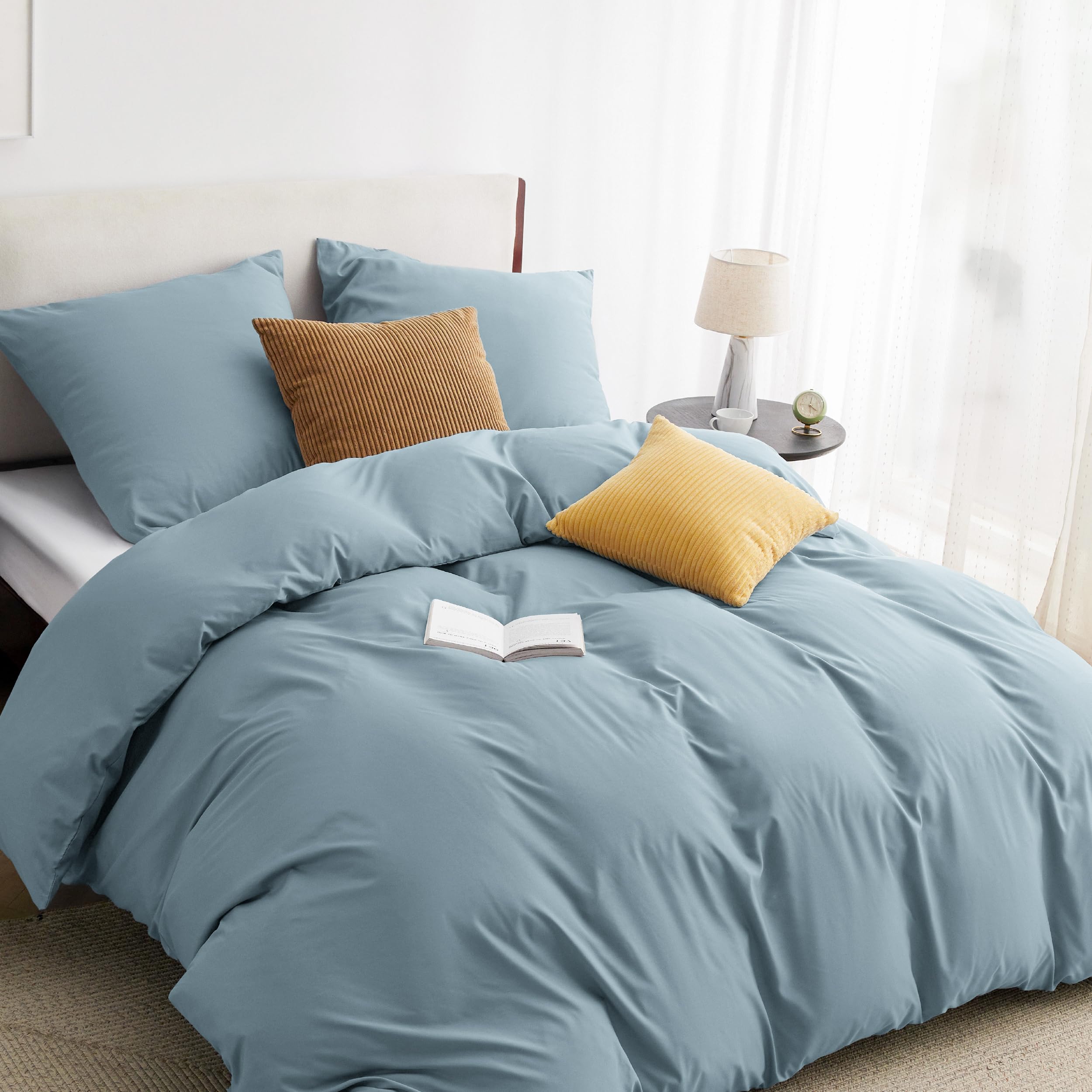 BEDSURE Bettwäsche 220x240 3teilig Mineralblau - 1 Bettbezug 240x220 cm + 2 Kissenbezüge 80X80 cm, ÖKO-TEX Bettwäsche-Sets Blau Polyester Mikrofaser mit Reißverschluss