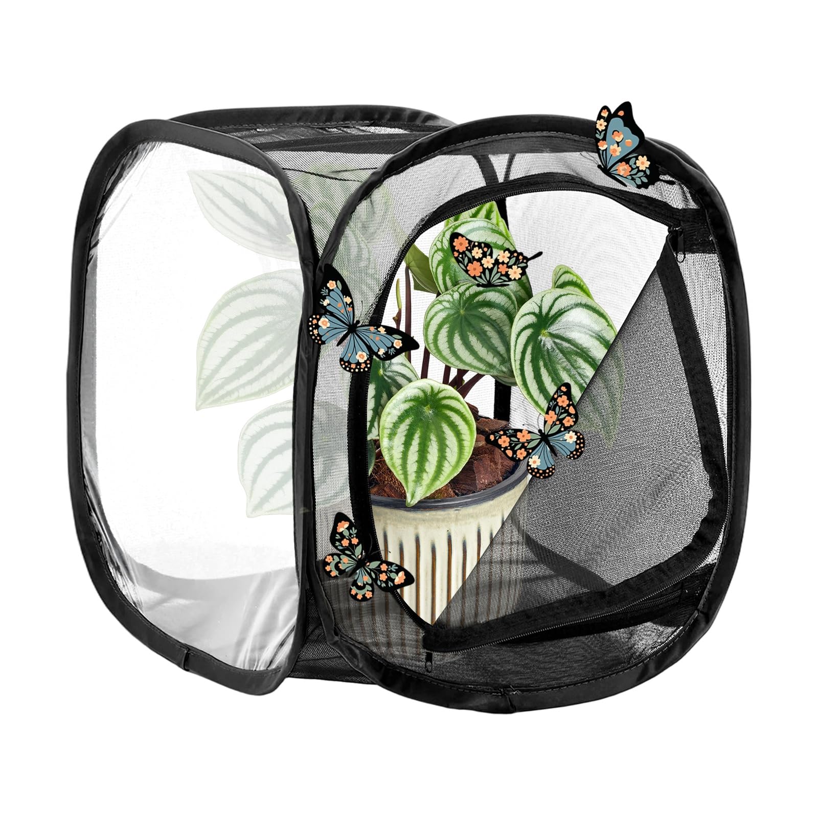M METERXITY Butterfly Habitat Cage Terrarium, Outdoor Collapsible Mesh Pop-up with Zipper Protection for Breeding Butterfly/Ladybug, Mesh Plant Enclosure [Black with Black, 12 x 12 x 12 Inch]