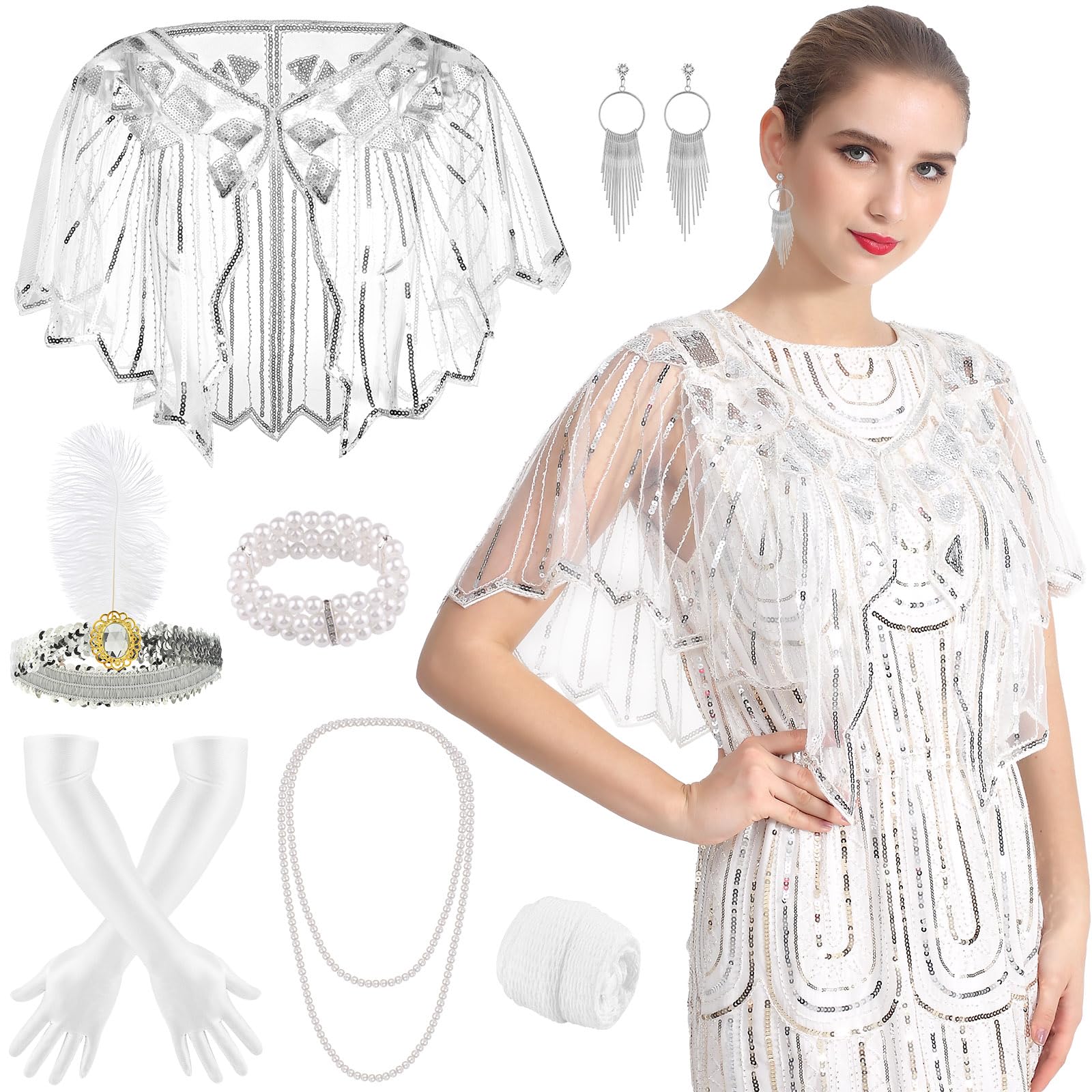 ELECLAND Lot de 10 accessoires tendance des années 1920 sur le thème de Gatsby, avec bandeau, gants longs noirs, collier et boucles d'oreilles pour femme (abricot doré
