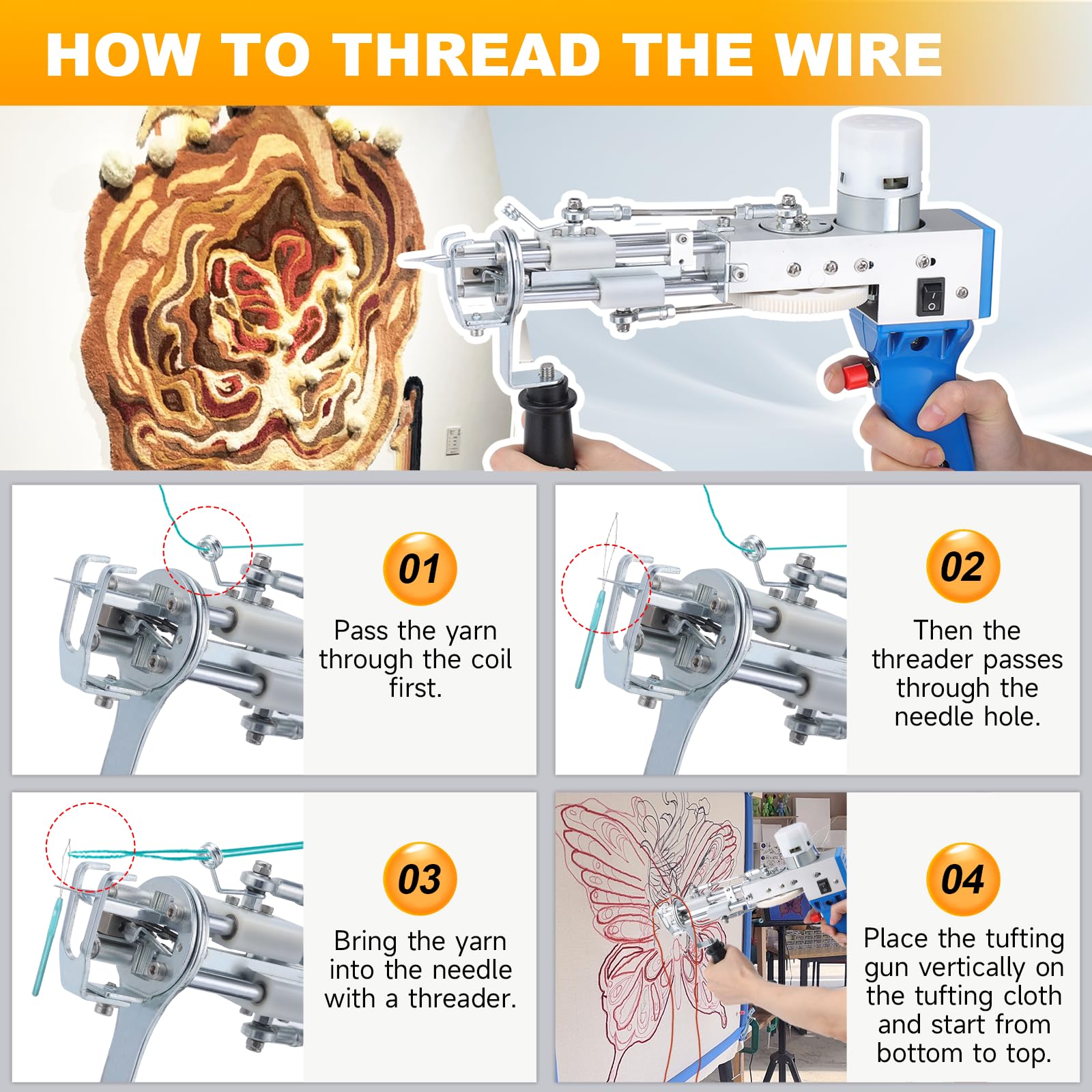 Ampvolts Tufting Gun Kit - 2 in 1 Cut and Loop Tufting Machine, 5-40 Stiche/Sek variable Geschwindigkeit，4-21mm Elektrisches Teppichgewehr Passend für Heimwerkerwerkzeuge, Teppichherstellung, Anfänger