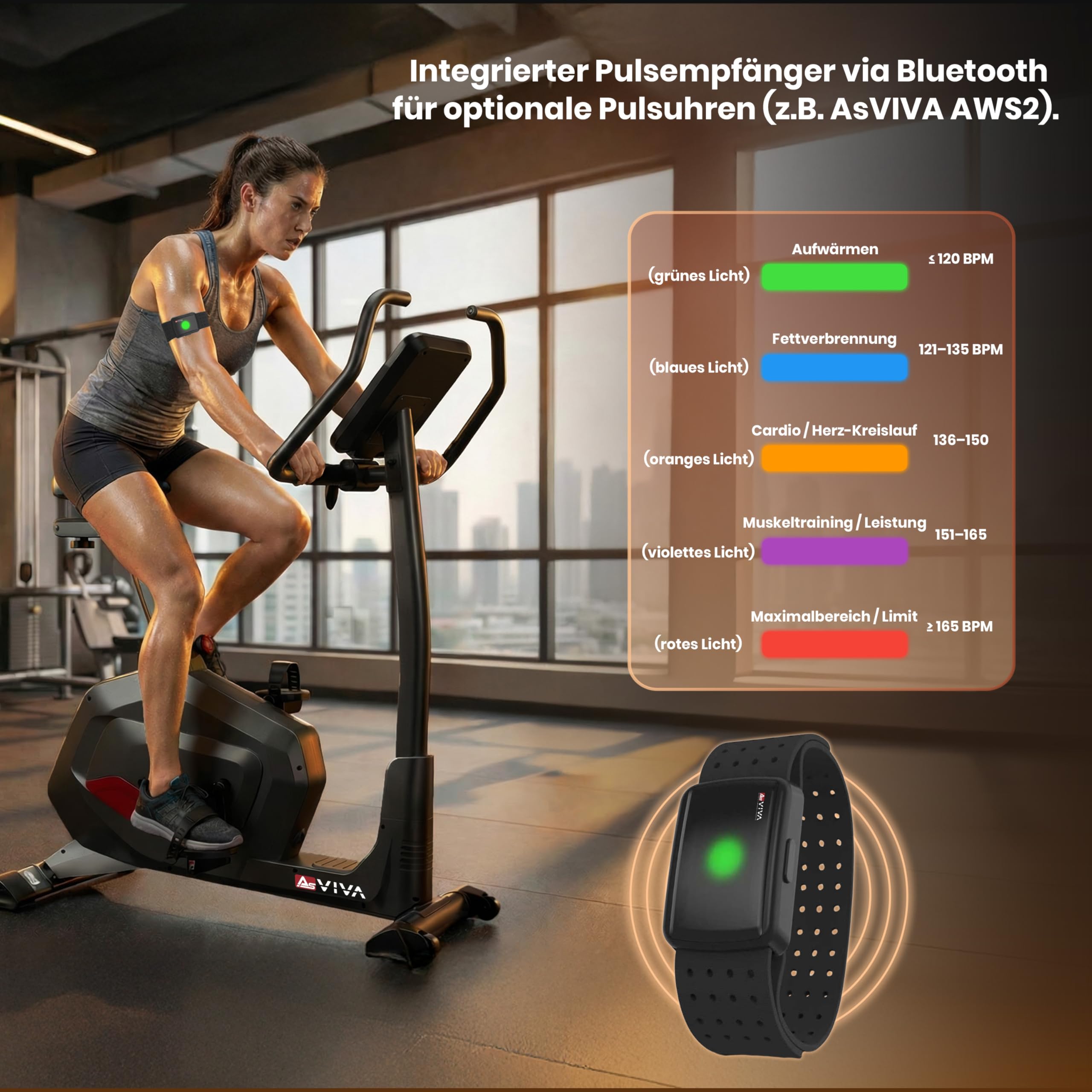 AsVIVA H22 Heimtrainer Ergometer - leiser Fahrrad Heimtrainer mit Riemenantrieb und automatischer Widerstandsanpassung - Fitness Apps kompatibel