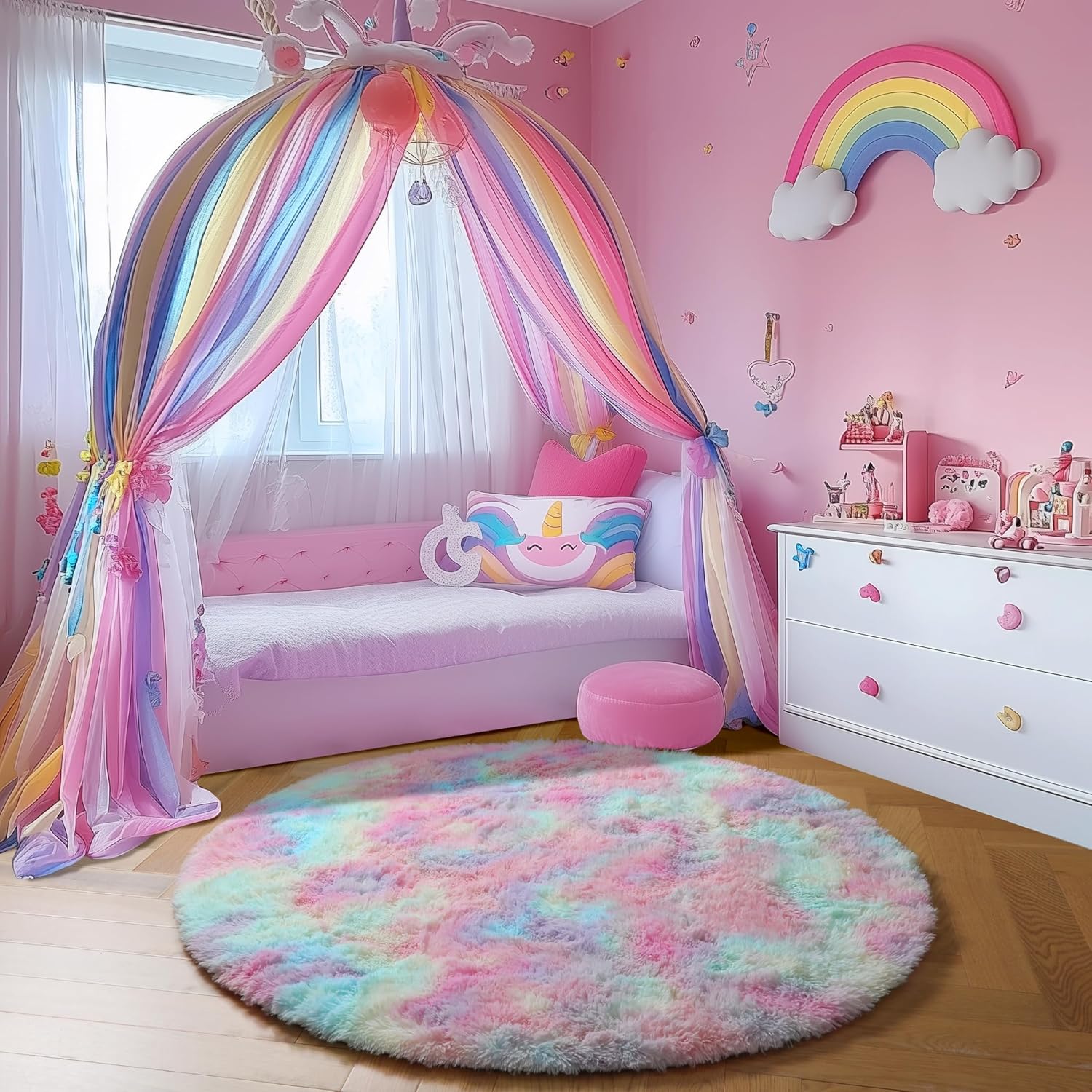 Amdrebio Rainbow Fluffy Round Rug 4Ft Kids Rugs for Girls Bedroom, Unicorn Room Decor, Colorful Pastel Shag Carpet for Preppy Dorm, Soft Cute Fuzzy Kawaii Circle Area Rugs for Baby Nursery, Playroom