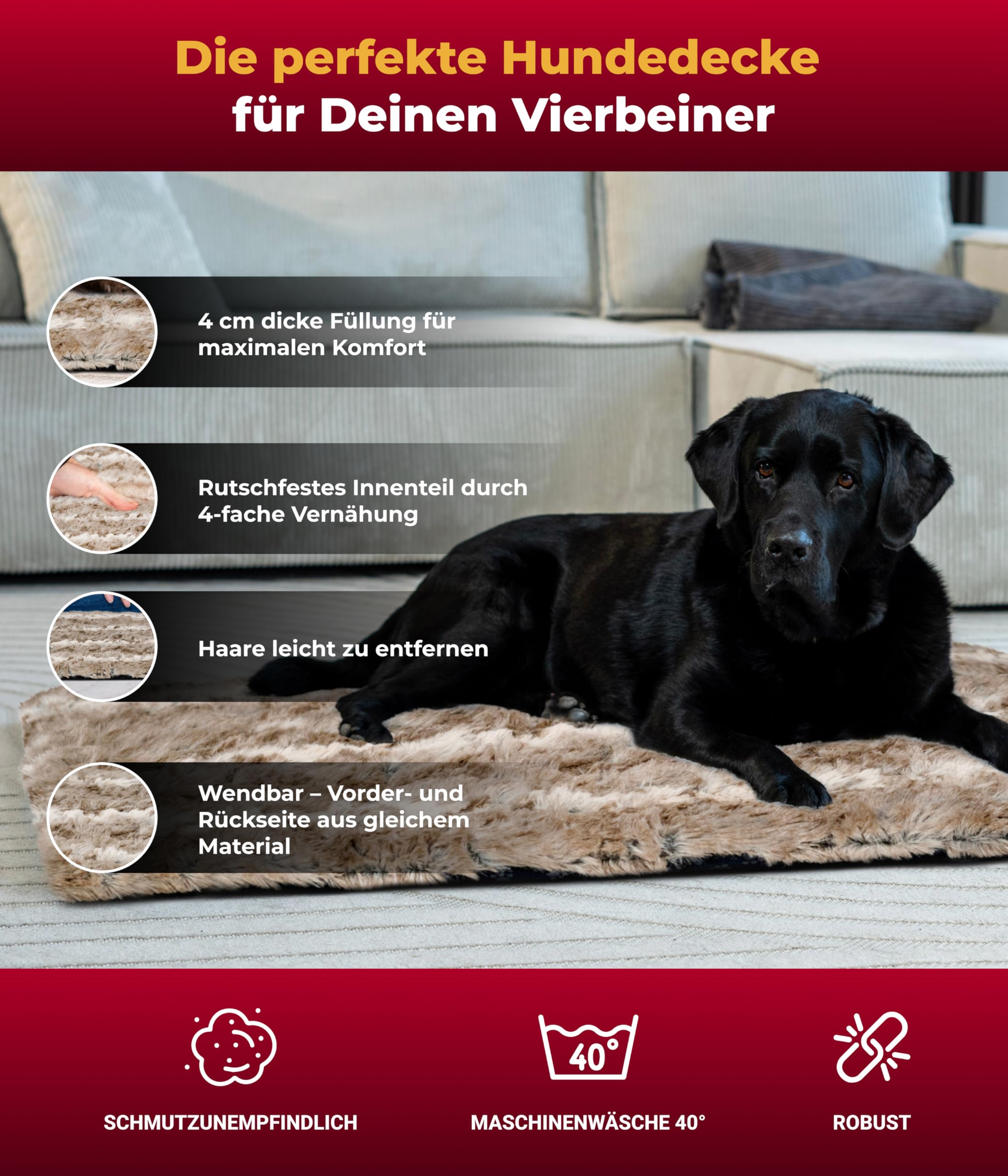 Hundedecke Exklusiv mit Füllung L (75x115 cm) – Gepolstert, Wendbar & Waschbar – Gemütliche Hunde Kuscheldecke – Sand, Made in DE