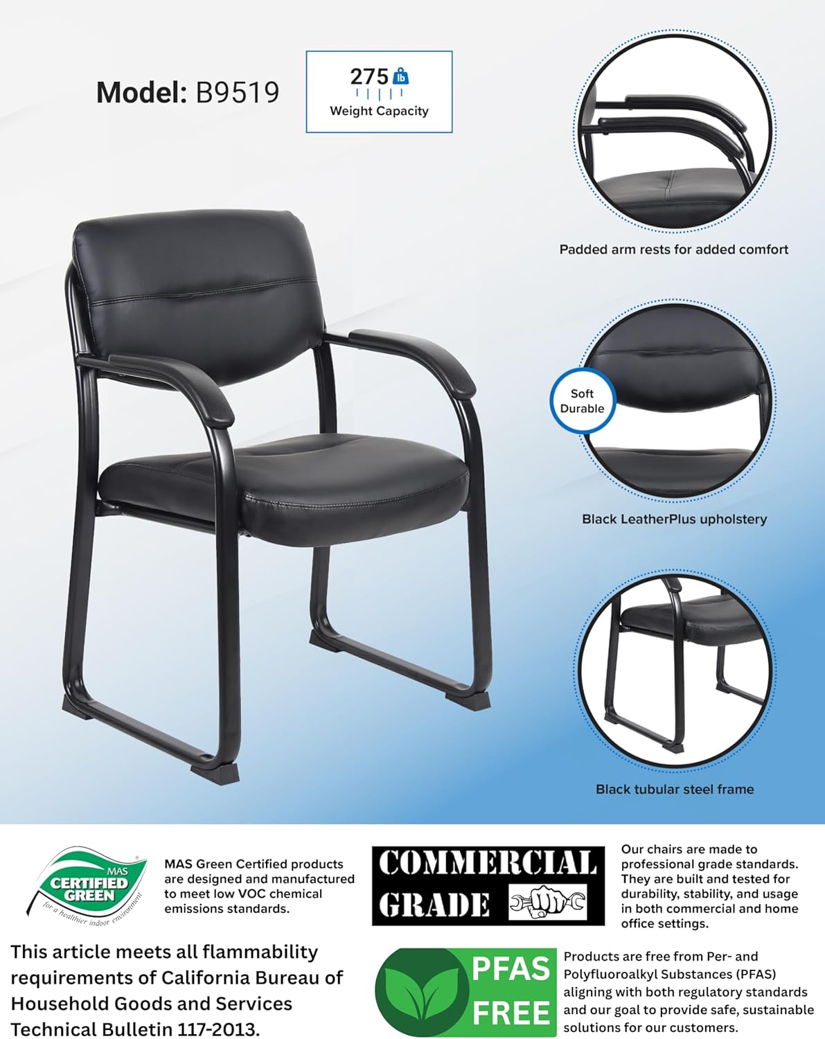 Boss Office Products Leather Sled Base Side Chair with Arms in Black (B9519)
