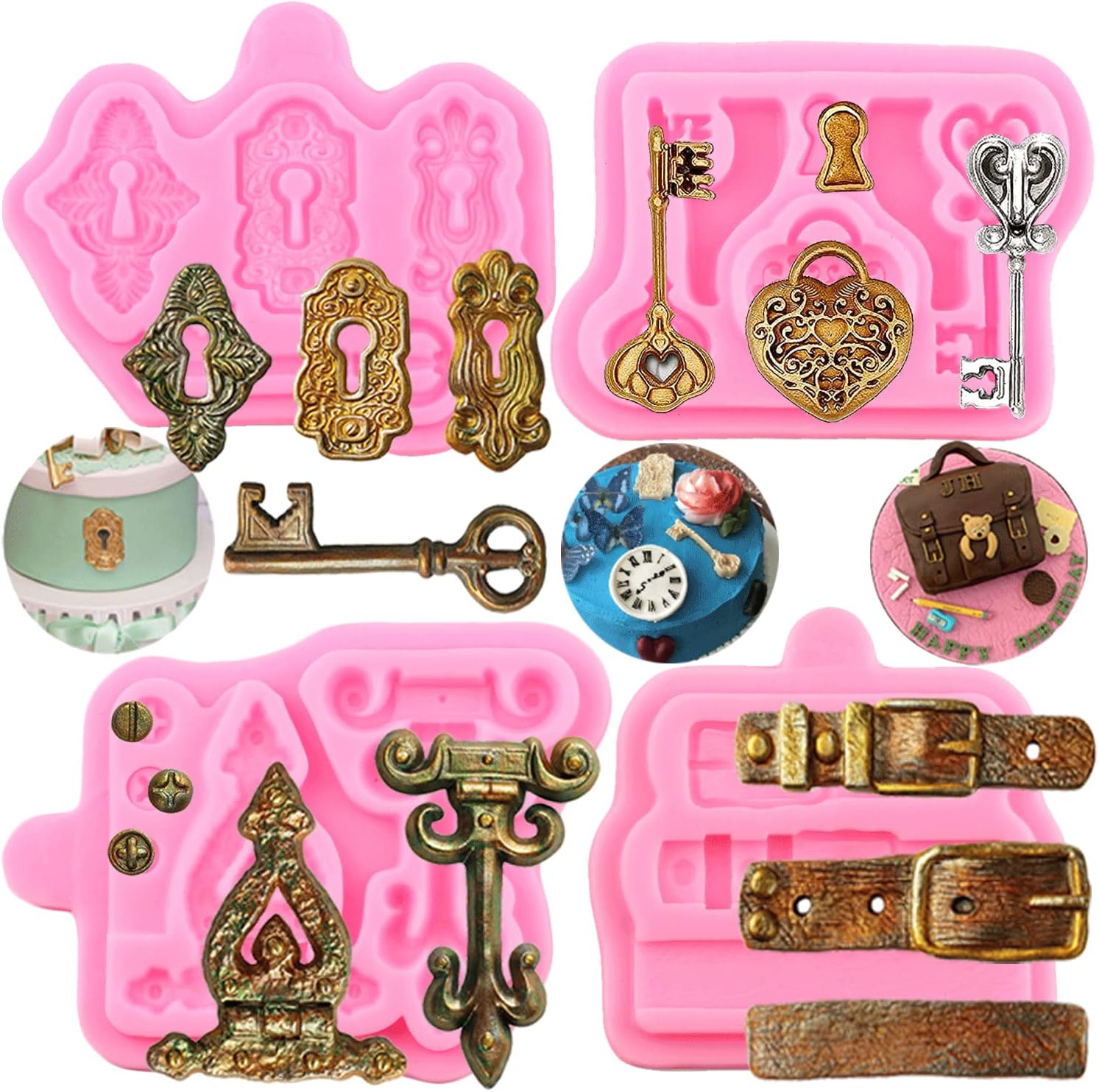Mujiang Vintage Key Cake Fondant Mold Belt Hinge Screws