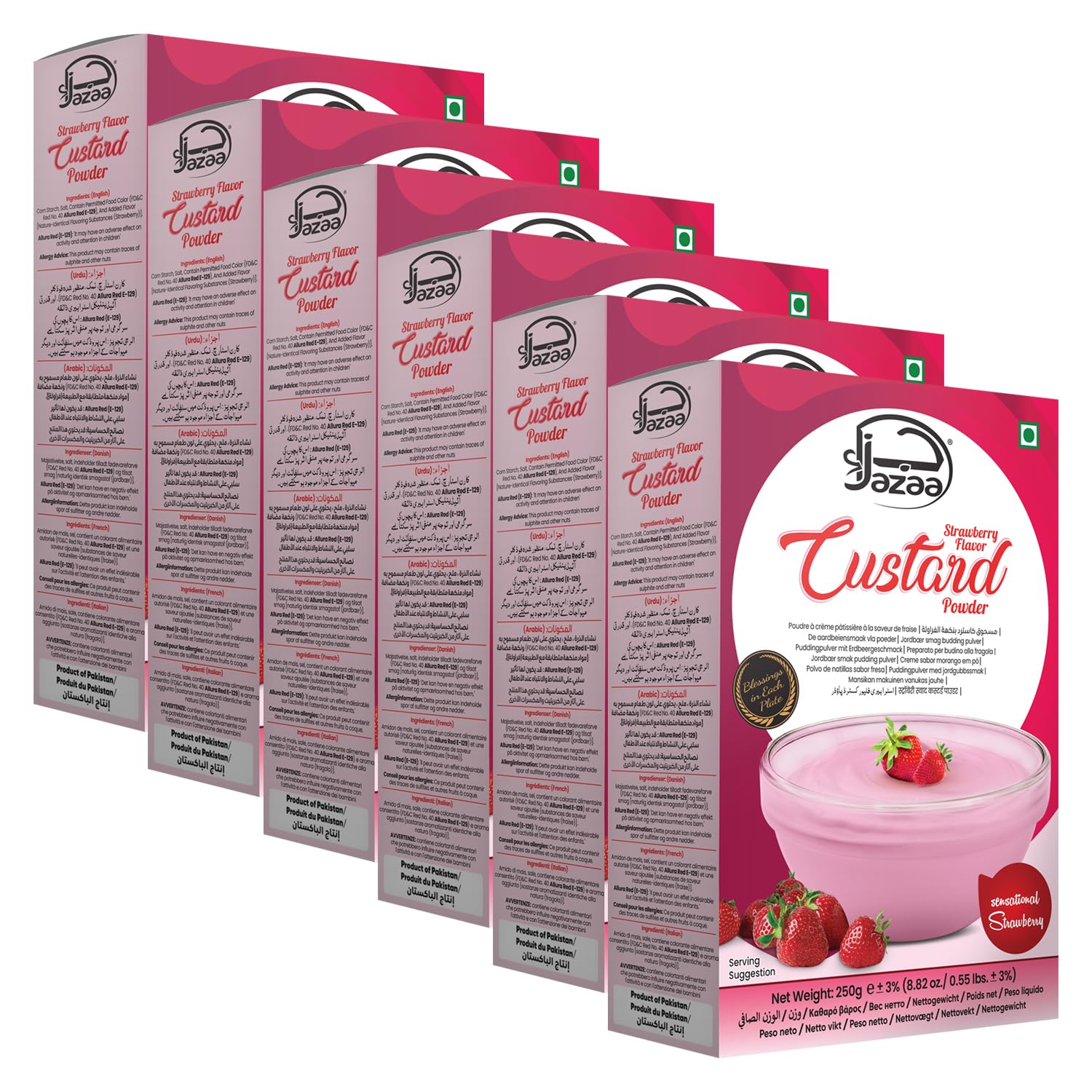 Jazaa Custard Powder Strawberry 250g (8.81oz) | Pack of 6 | Smooth, Creamy, Sweet & Tasty Treat | Quick and Easy Dessert Solution | Perfect for Baking | Box Pack
