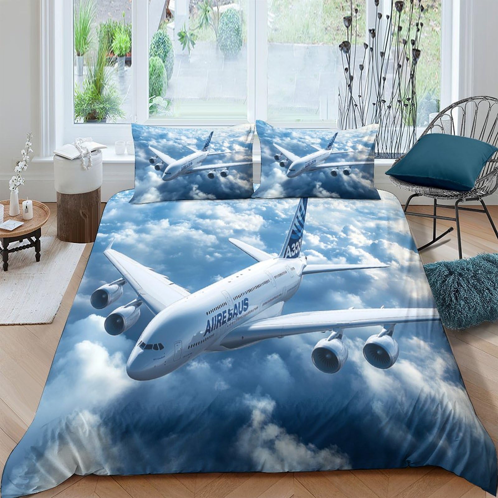 Ctjqhvkz Style-4 3D Printed Airplane Cloud Fitted Sheet Microfiber Soft Bedroom Decor Sky Blue Mattress Cover For Home Guest Room Single（135X200cm）