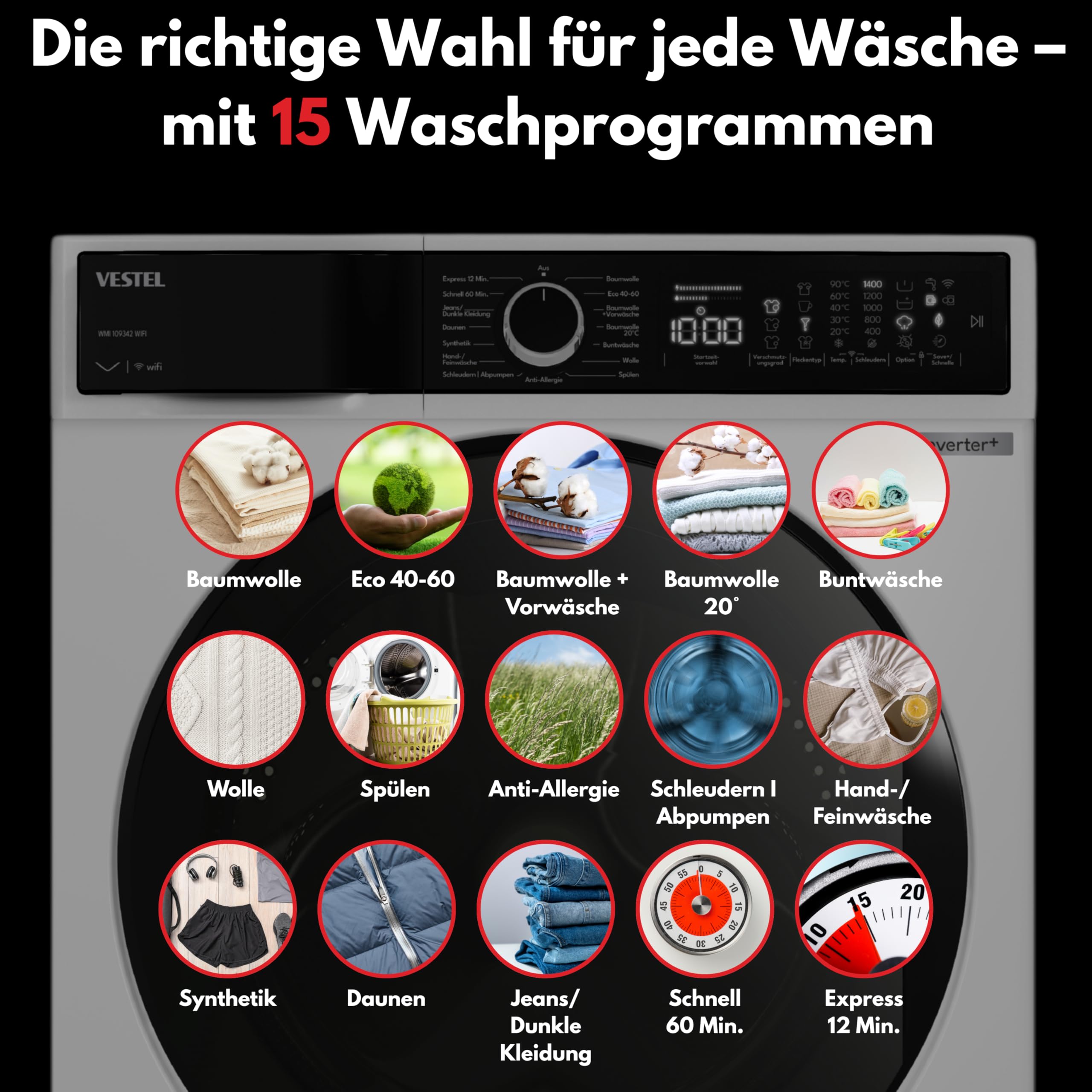 VESTEL WMI 109342 WIFI Waschmaschine 10 kg Frontlader – WLAN-fähig, Inverter-Motor, Energieklasse A, 1400 U/min, Schnellprogramm, leise, App-Steuerung, unterbaufähig, weiß