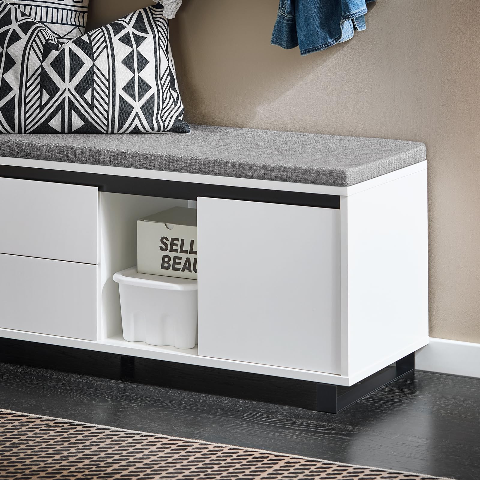 SoBuy Banco Zapatero con Cojín 110x35x42cm para Recibidor | Zapatero entrada con 4 estantes, 2 cajones y 2 puertas, asiento acolchado blanco FSR176-W