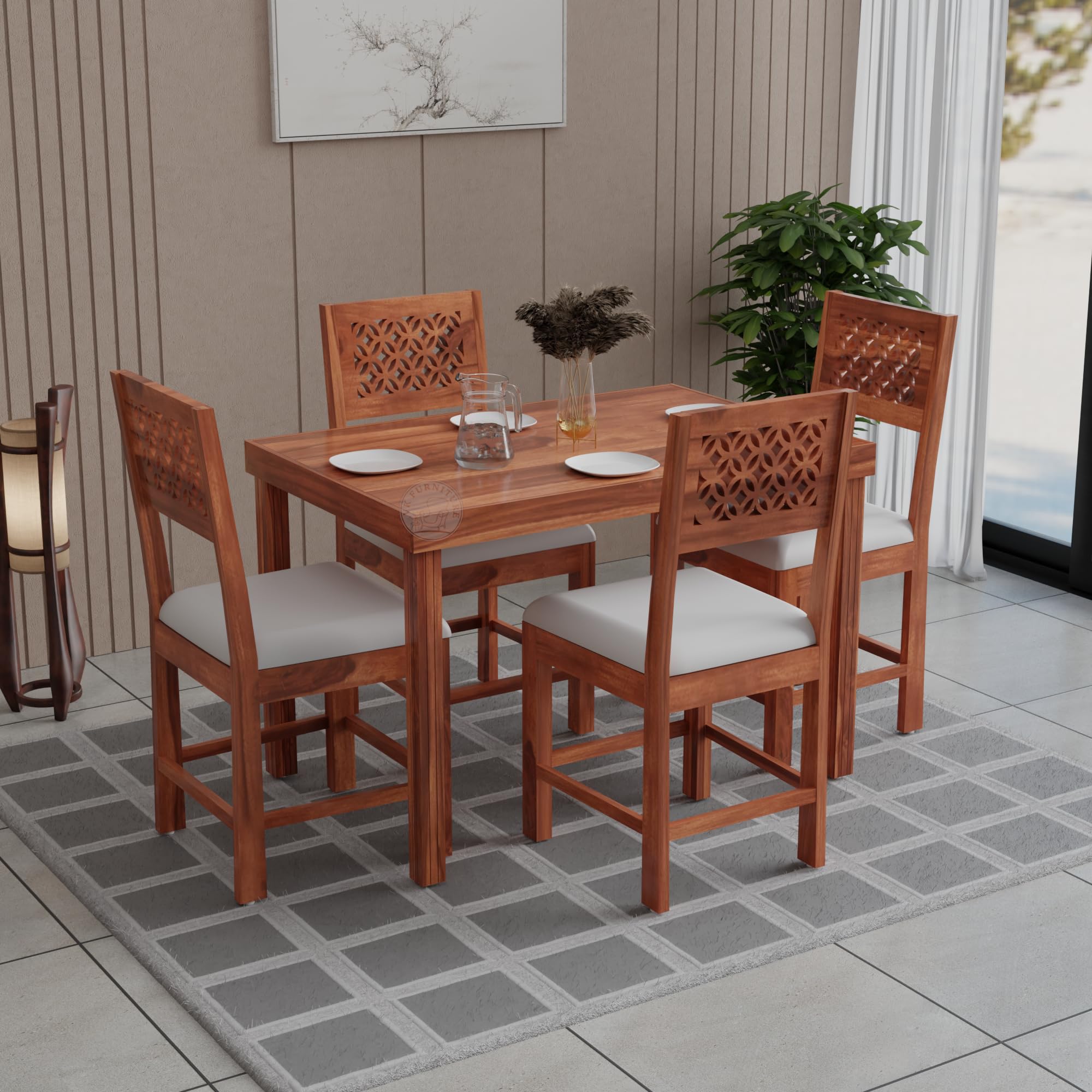 VK Furniture Solid Sheesham Wood 4 Seater Dining Table Set | Four Seater Dinning Table with Cushioned Chairs for Home Living Room | Dining Room Furniture for Kitchen & Restaurants Hotels |Honey Brown