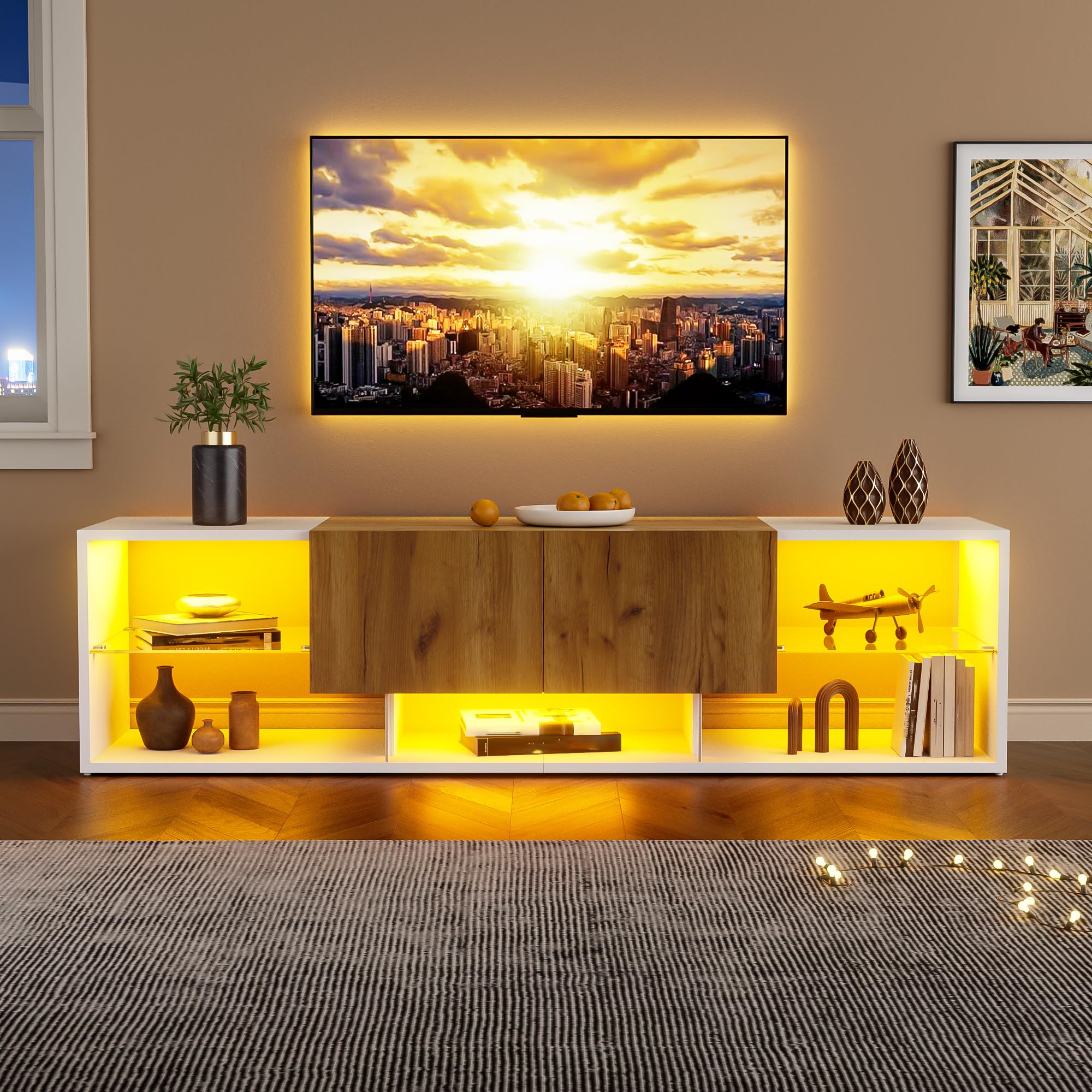 Meuble TV avec éclairage LED 2 tiroirs Rangement Ouvert Commode TV pour téléviseurs Jusqu’à 70 Pouces pour Salon Chambre à Coucher Table TV Blanc