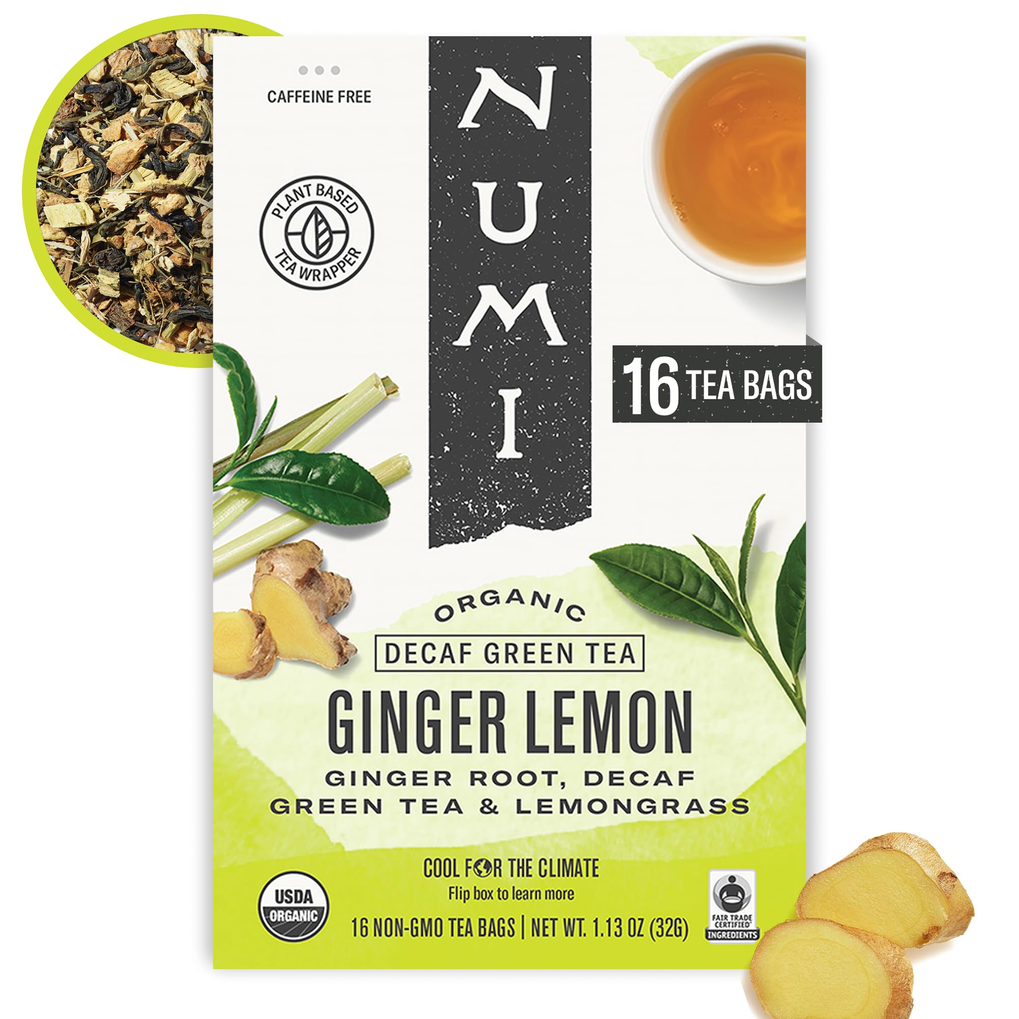 Numi Organic Ginger Lemon Decaf Green Tea, 16 Green Tea Bags