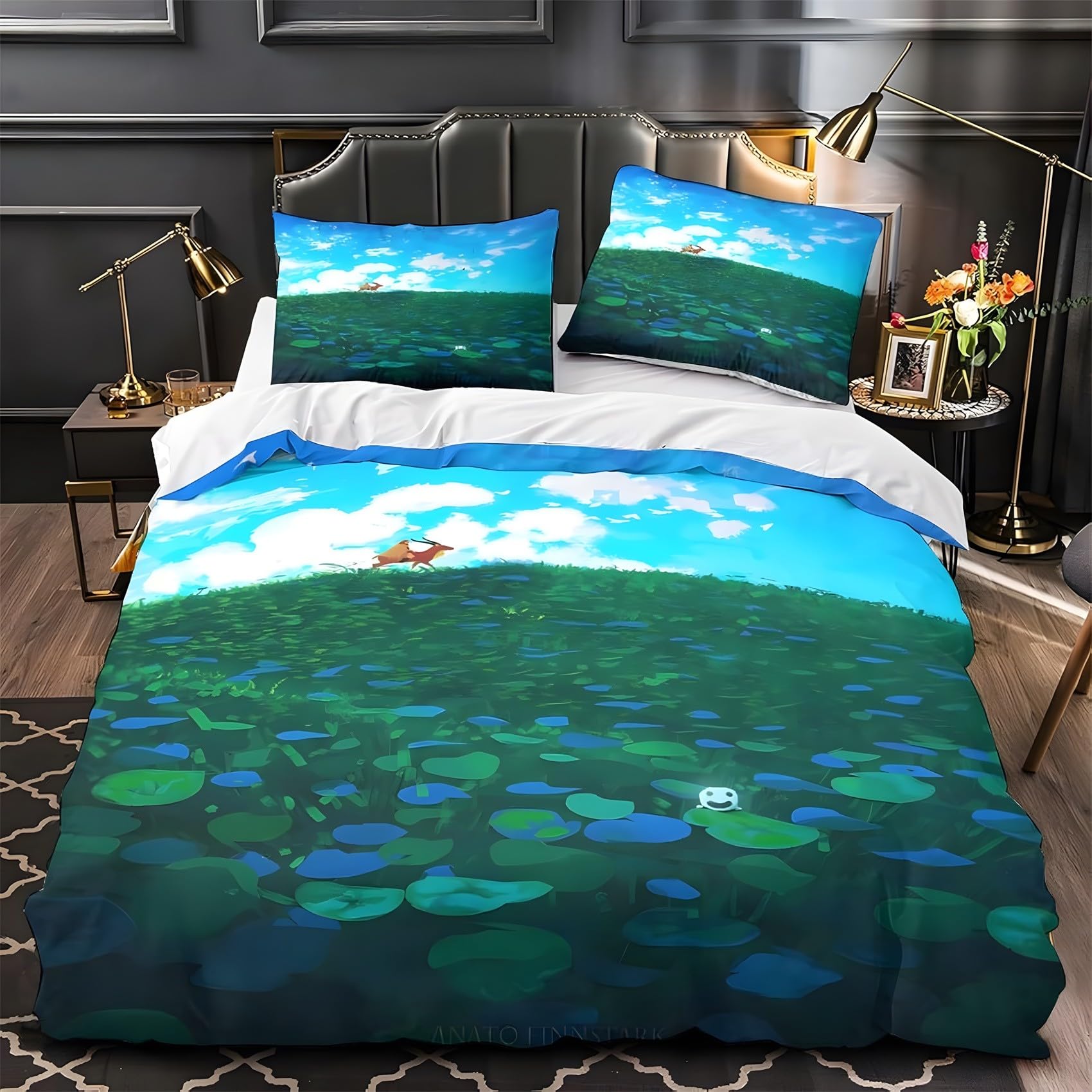 Parure de lit 90x190 enfant bleu vert douce en microfobre avec taies 65x65
