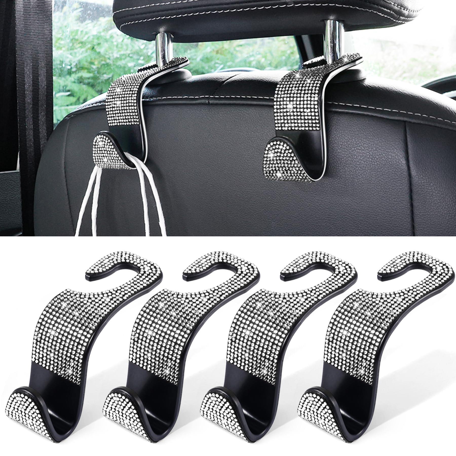 LivTee Car Seat Headrest Hook, Auto Seat Hook Hangers Storage Organizer Interior Accessories for Purse Coats Umbrellas Grocery Bags Handbag, 4-Pack(Bling White)