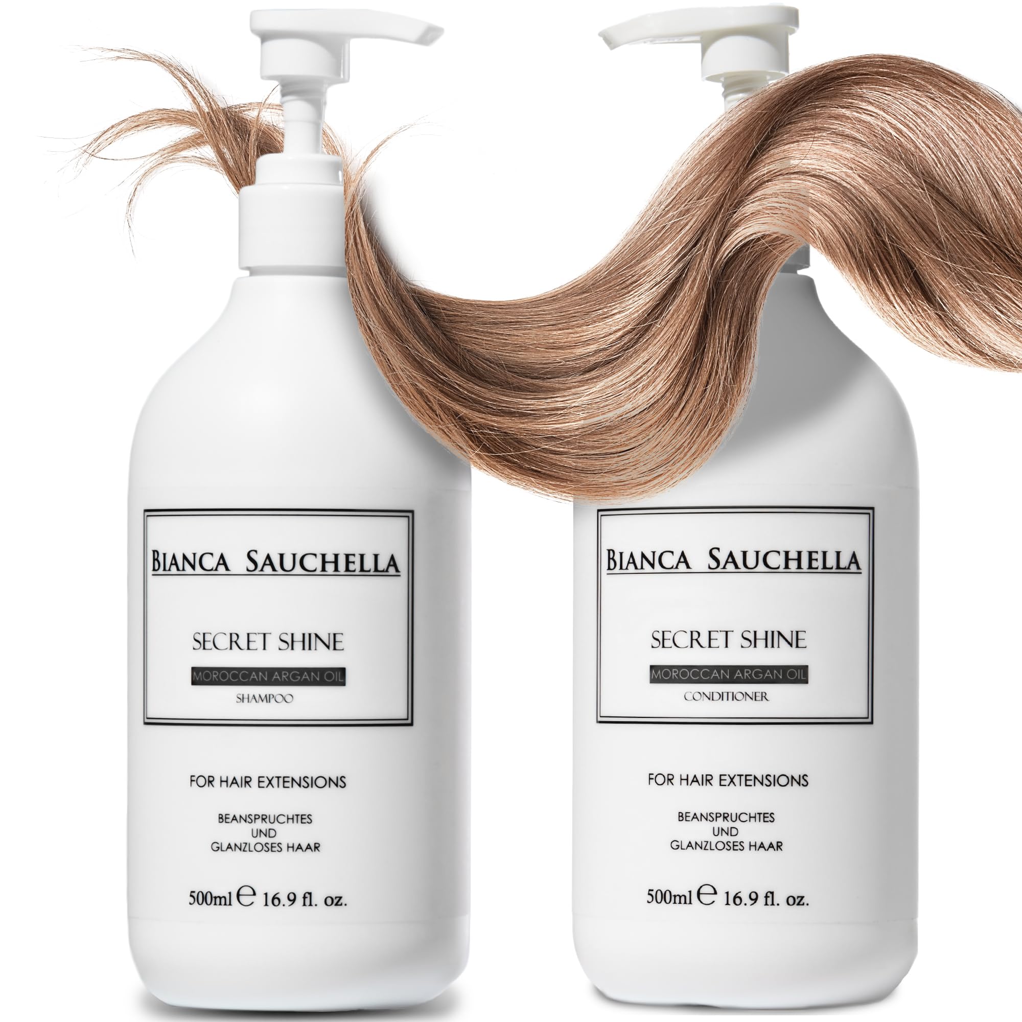 Secret Shine Arganöl Extensions Pflege Set – Shampoo & Conditioner mit Collagen & Vitamin B3 für glänzendes, kräftiges Haar & gepflegte Echthaar-Extensions,Parabenfrei 2×500 ml