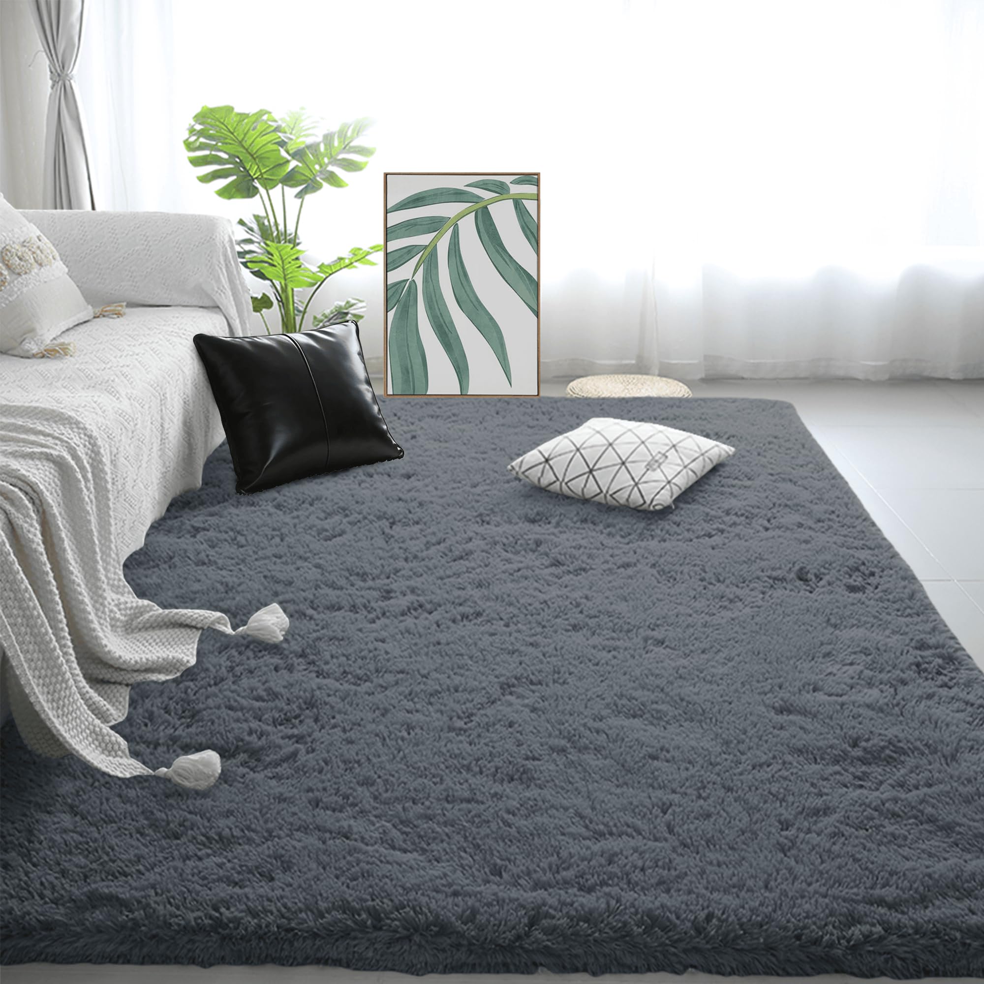 Tapis salon shaggy à envers antidérapant gris foncé grand format 110x340 cm