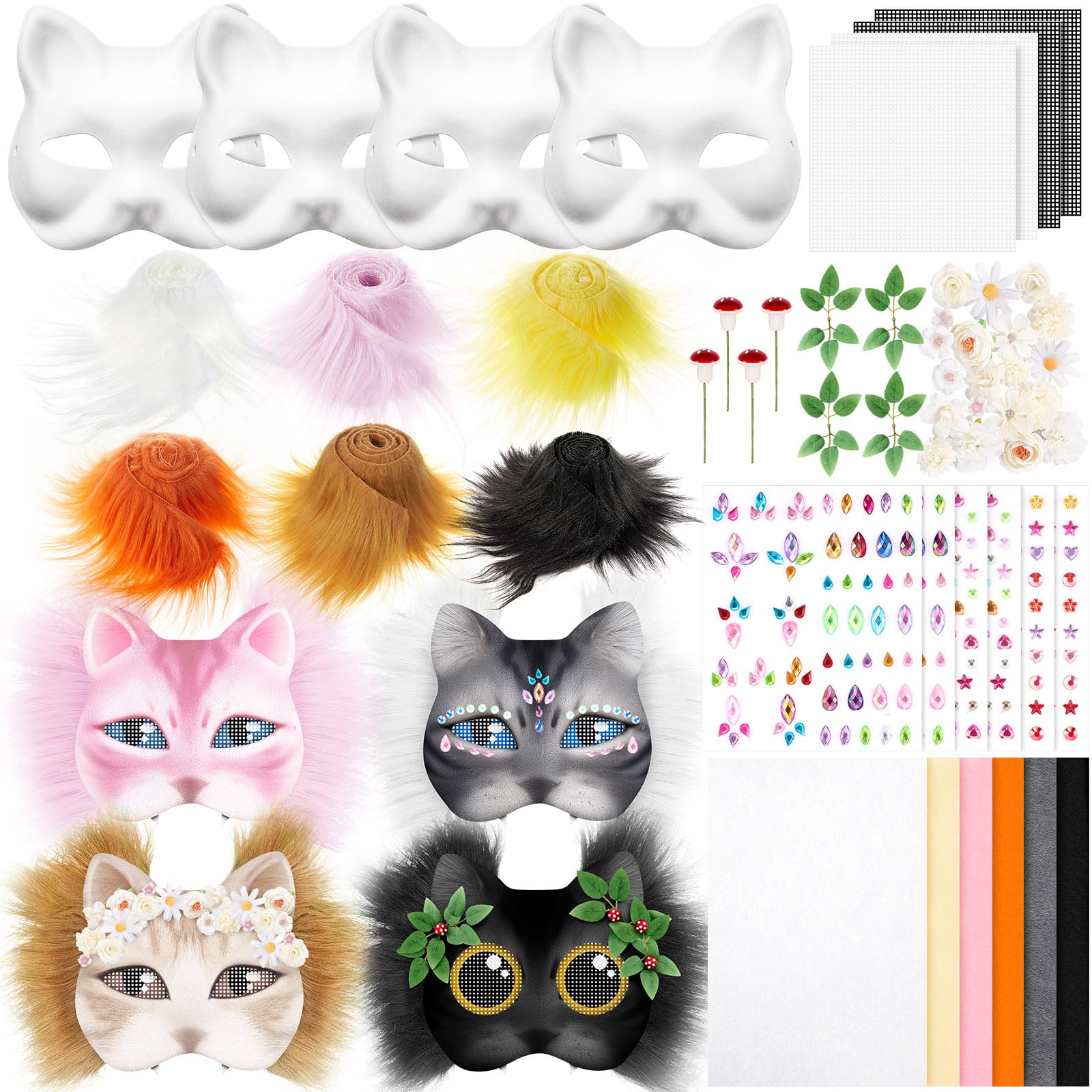 Seenelling 31 Pcs DIY Therian Mask Kit Blank Cat Mask Material Kit Accessories Set for Therian Gear Stuff(White)