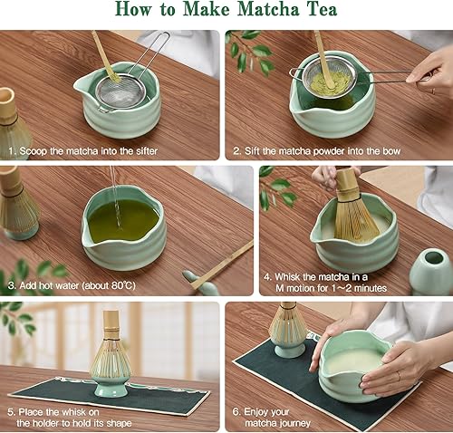 Miniatura 6 de Juego de batidor de matcha Juego de 7 piezas de cerámica Matcha con cuenco, batidor, soporte, cuchara, tamiz, descanso y toalla - Kit de Matcha