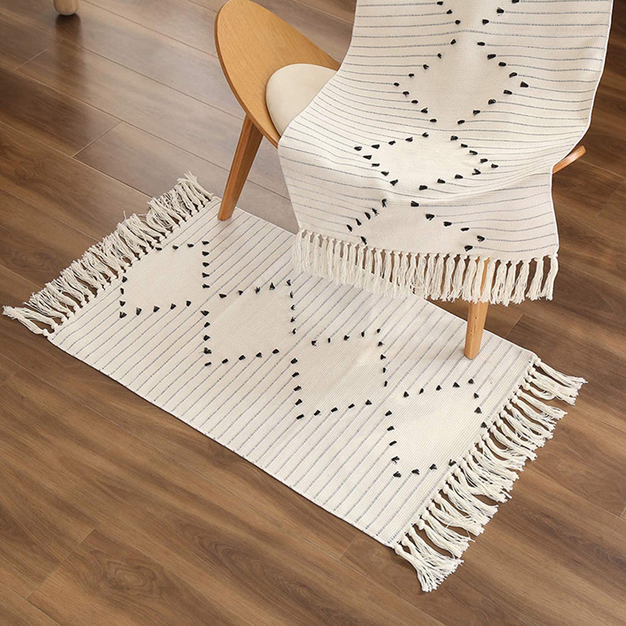 2 Stück Baumwollteppich (60 x 90 cm + 60 x 130 cm) Modern Schwarz und Weiß Bedruckter Teppich mit Quasten, maschinenwaschbar, moderner Bodenteppich für Eingangsbereich, Küche, Wohnzimmer,Schlafzimmer