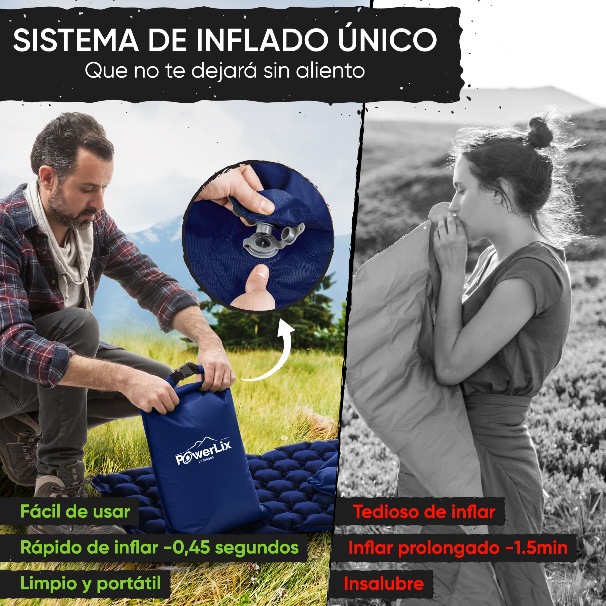 POWERLIX - Colchoneta Hinchable Ultraligera, Ideal para Camping, Mochila, Senderismo, Airpad, Bolsa Inflable, Bolsa de Transporte, Kit de reparación, colchón de Aire Compacto y Ligero