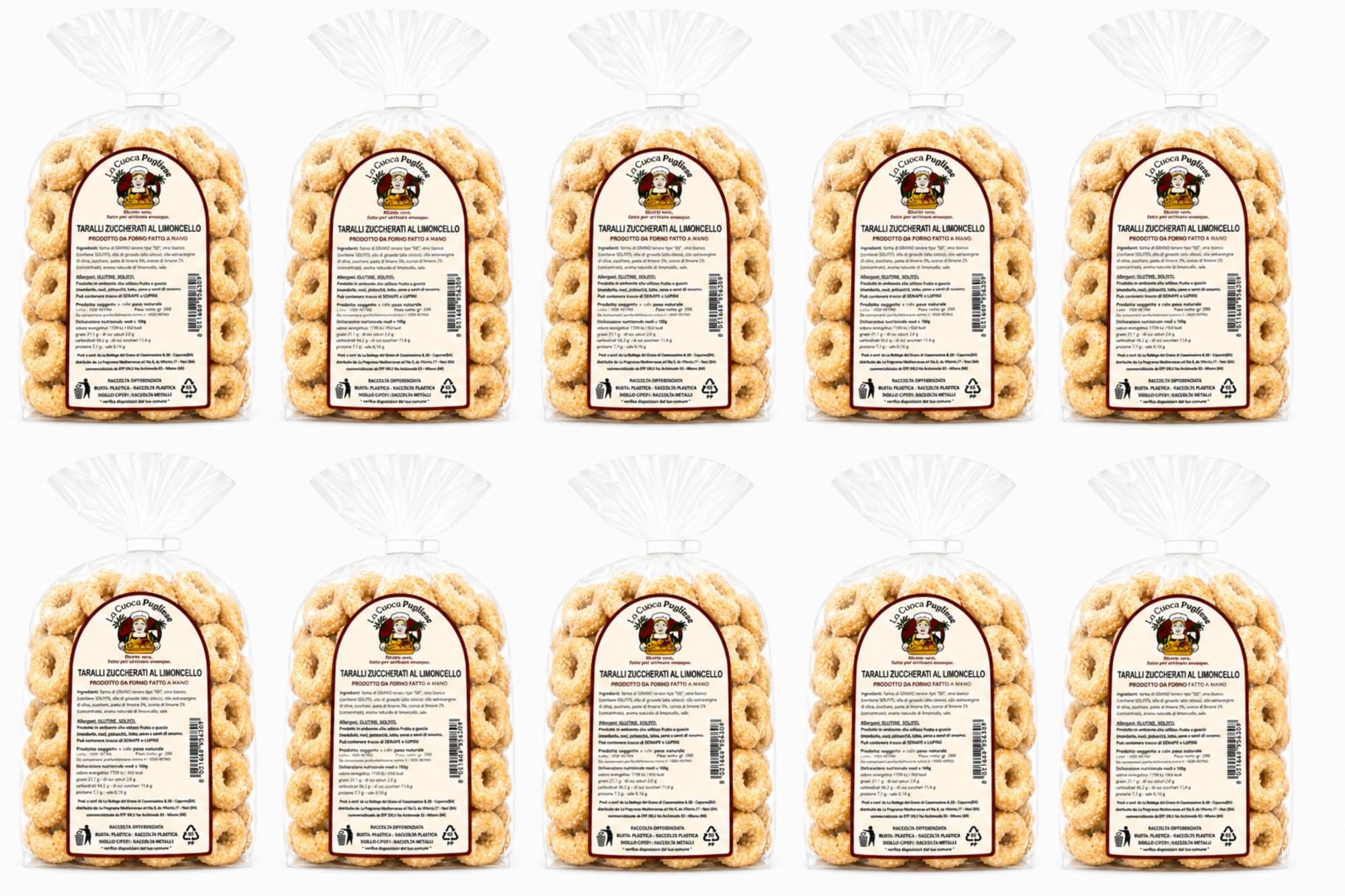 La Cuoca Pugliese - Tarallini Zuccherati al Limoncello, dolci artigianali pugliesi, snack dolce da forno al gusto limoncello, confezione da 10 x 250 g, specialità pugliese