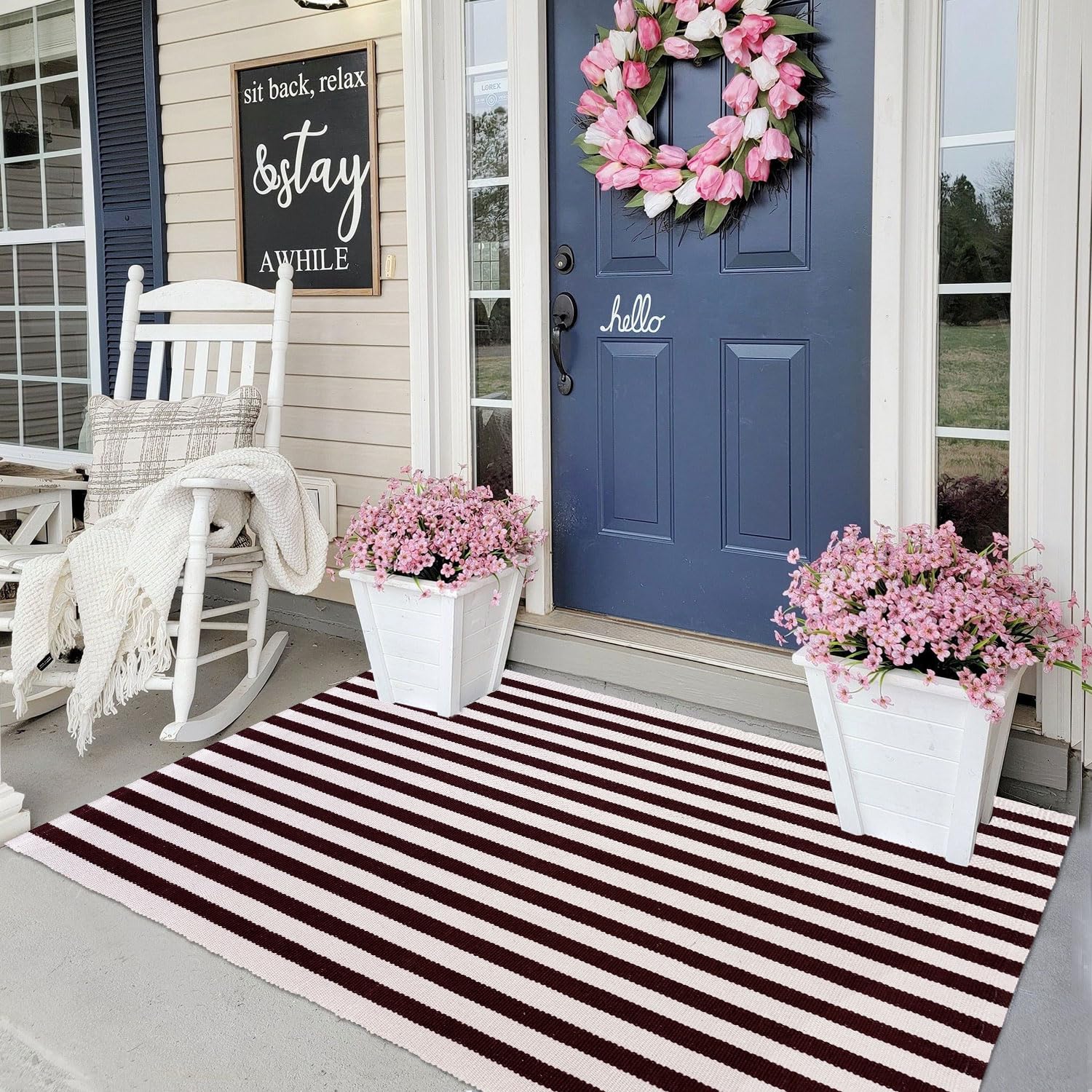 Indoor Outdoor Rug 3x5 Front Door Mat Outdoor Cotton Welcome Mat Outdoor Farmhouse Layered Mat Washable Stripe Outdoor Mats for Entrance Front Door Porch Balcony(Black/Tan) — view 18