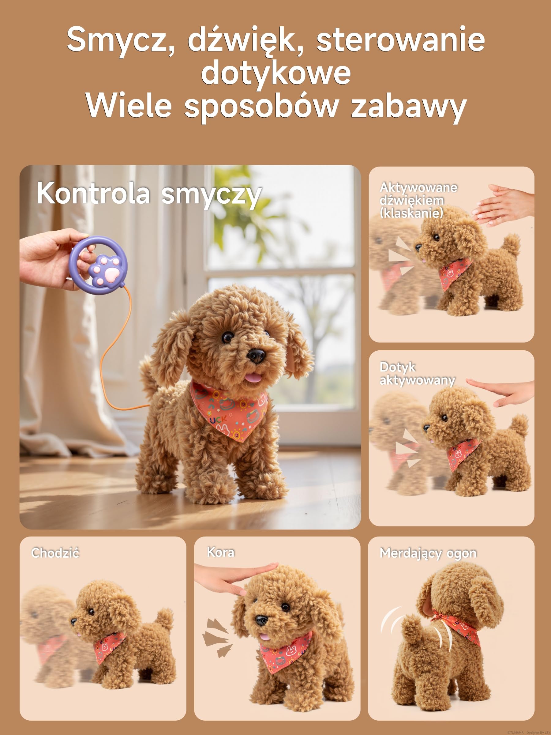 TUMAMA KIDS interaktywna zabawka dla psa dla dzieci, bieganie psa z pilotem zdalnego sterowania, chodzenie i szczekanie smycz, zabawka dla psów dla dzieci w wieku 2, 3, 5, 6 lat, pluszowa zabawka dla