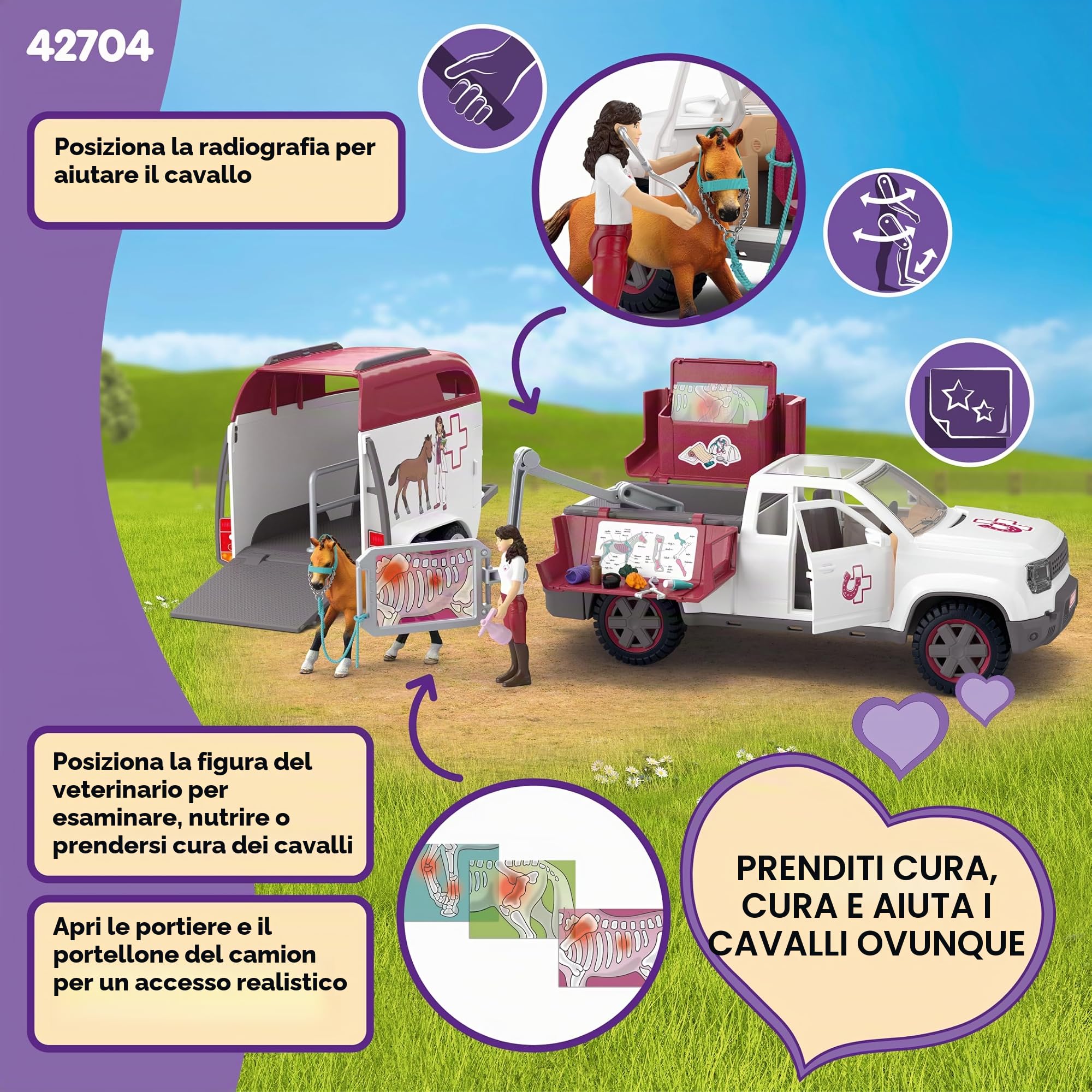 Schleich Horse Club | Veterinaria Mobile con rimorchio 42704 | dai 5 Anni | Set con Pick-up & rimorchio, 1 cavallo, personaggio articolato & accessori | Regalo perfetto per bambine/i | Da 5 anni | 90 p