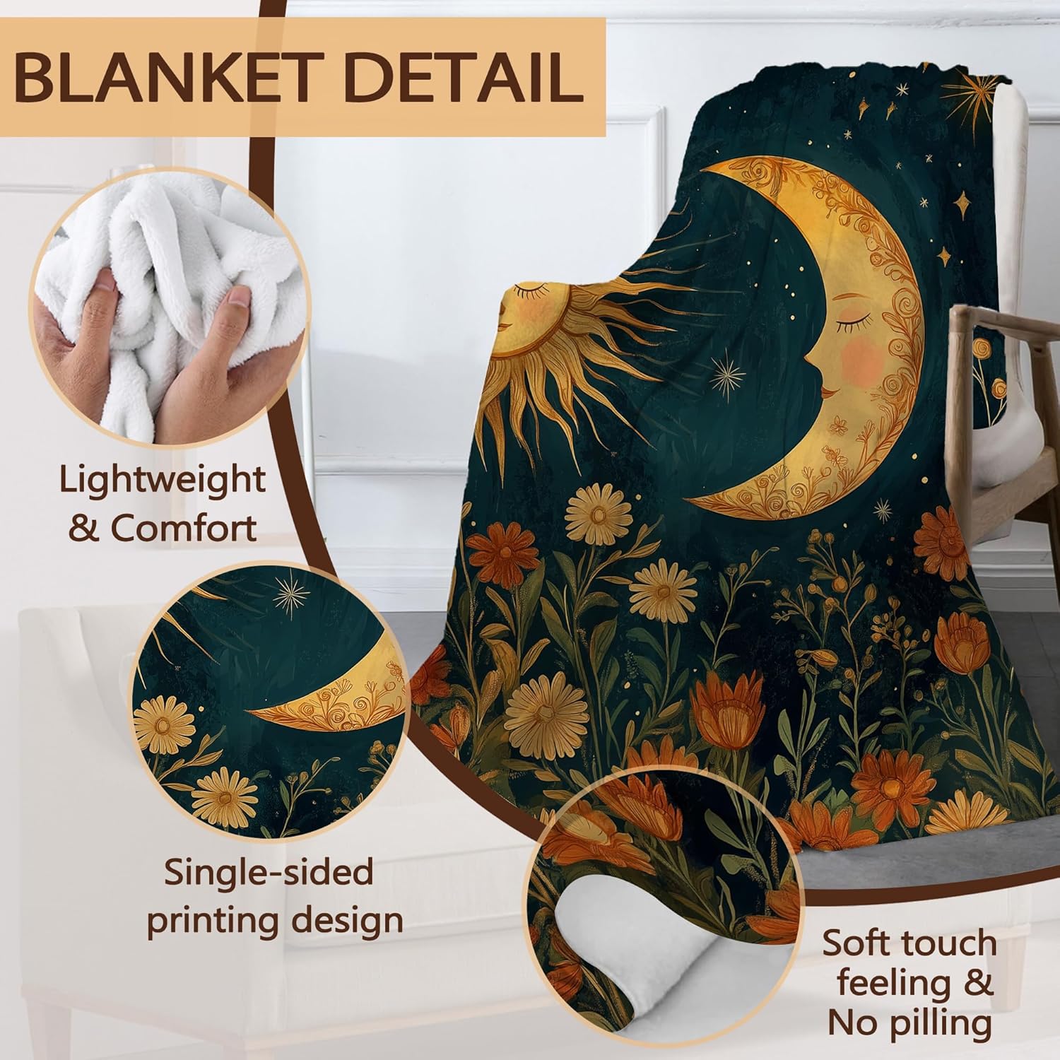 Boho Sun Moon Fall Throw Blanket,Vintage Flowers Cozy Plush Fluffy Blanket for Living Room Decor,Lightweight Fleece Throws for Couch,Bed,Traveling,Naps,Reading,50 X 60 Inch