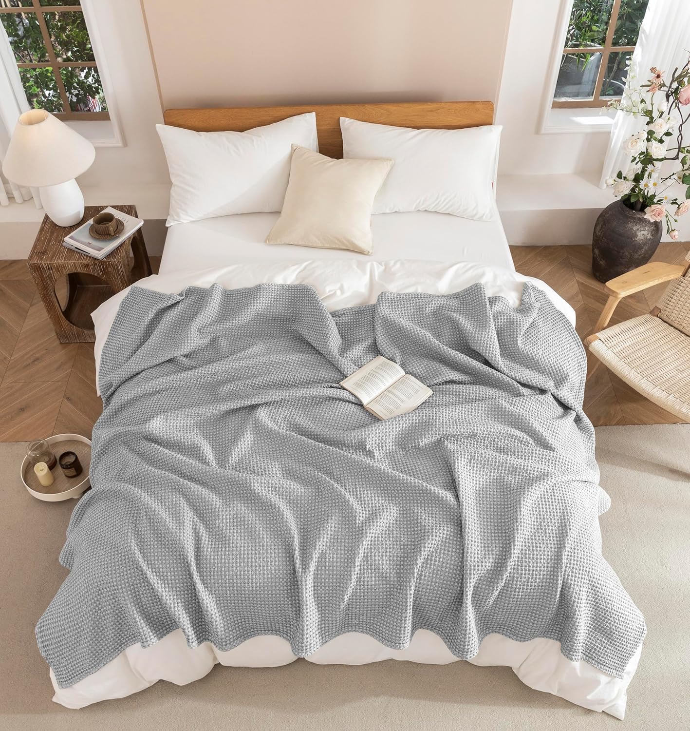 Talasily Couverture 100 % coton - 150 x 200 cm - Douce et respirante - Motif gaufré - Couverture légère - Couverture de canapé - Douce et douillette - Pour salon, canapé, canapé, gris clair