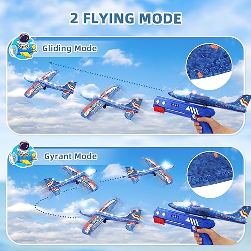 Miniatura 6 de Paquete de 3 juguetes de lanzamiento de avión de espuma, avión de catapulta LED con 2 modos de vuelo, juguetes al aire libre para niños, juguetes de